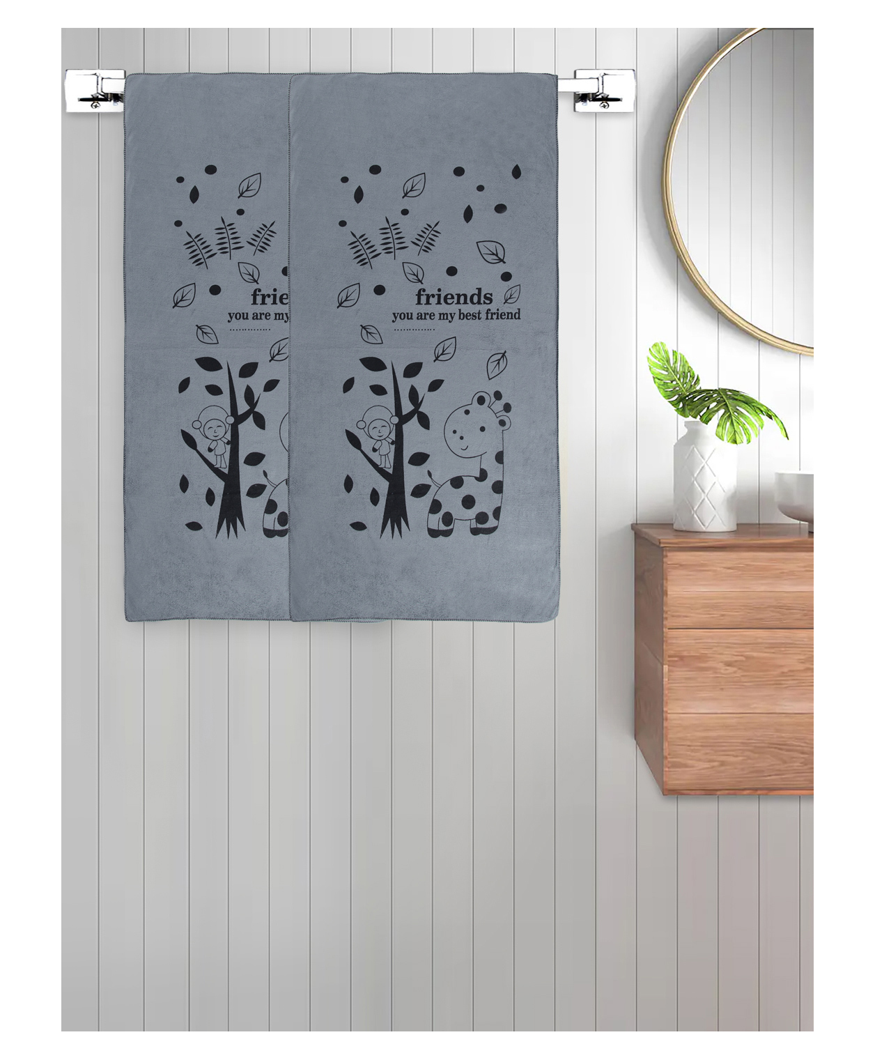 FABINALIV Set of 2 Grey Cartoon 300 GSM Cotton Kids Bath Towels (115X60 cm)-picture-40