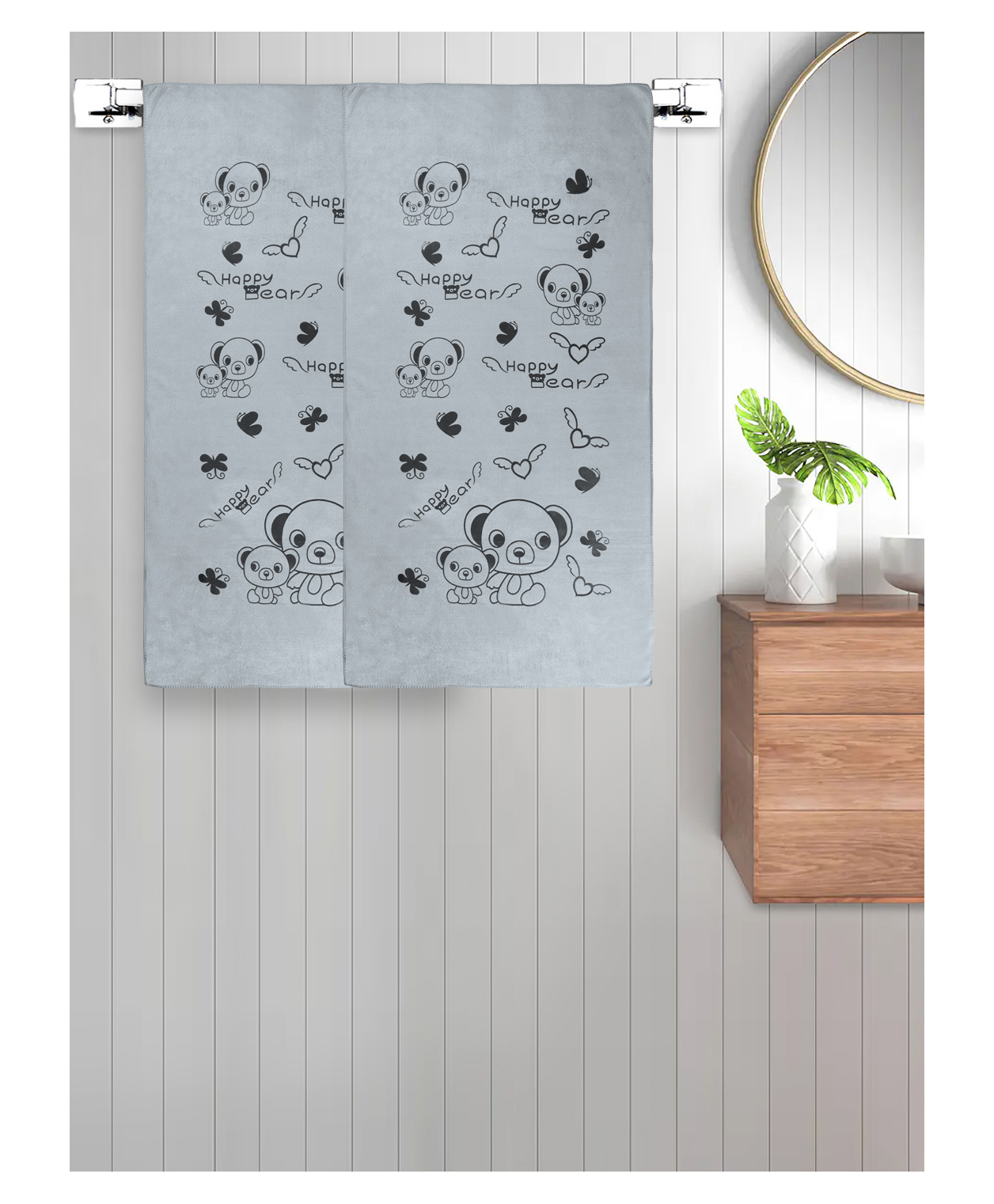 FABINALIV Set of 2 Grey Cartoon 300 GSM Cotton Kids Bath Towels (115X60 cm)-picture-30