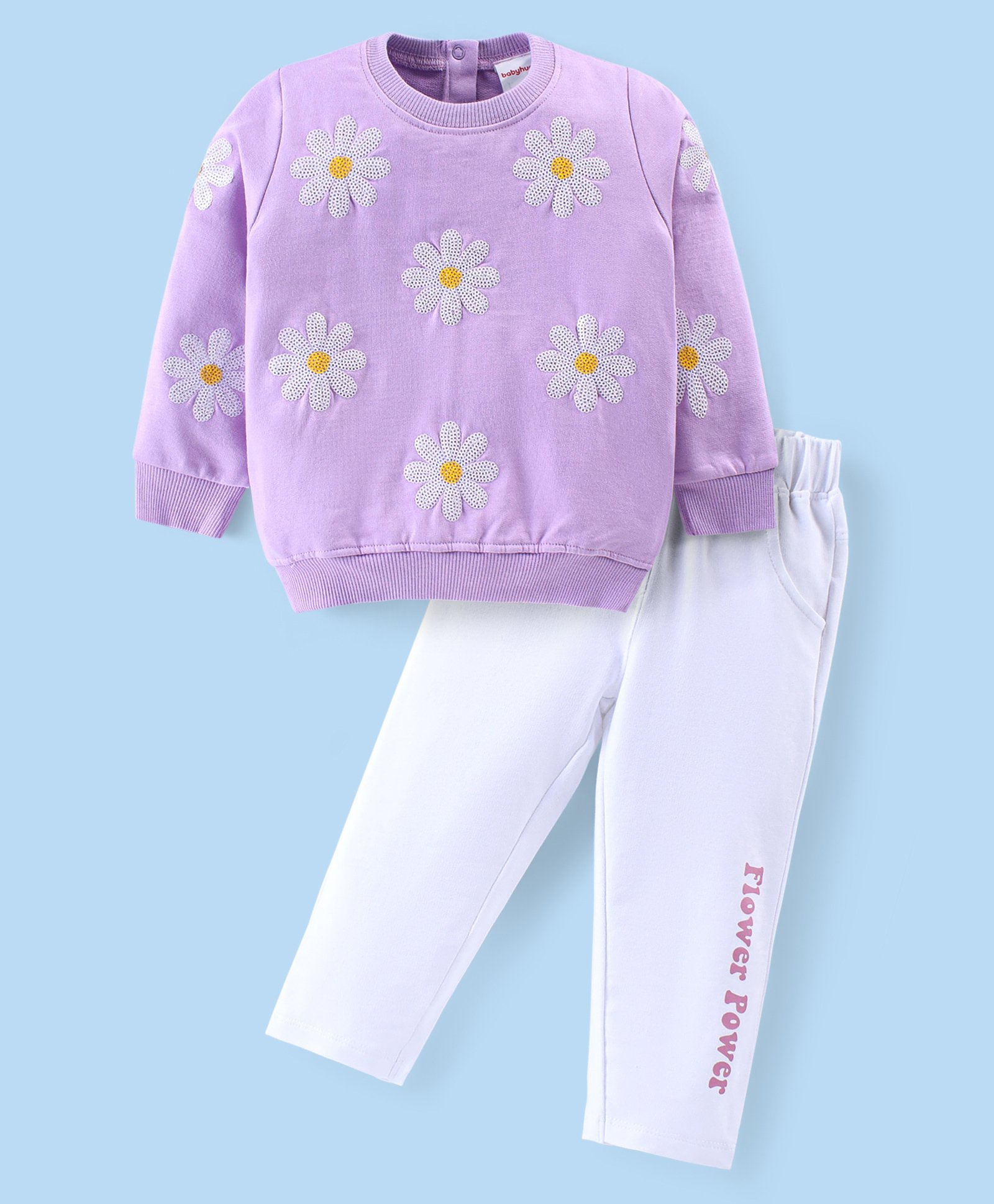Babyhug Cotton Knit Full Sleeves Floral Sequins Printed Top & Lounge Pants Set - Lavender & White-image-48