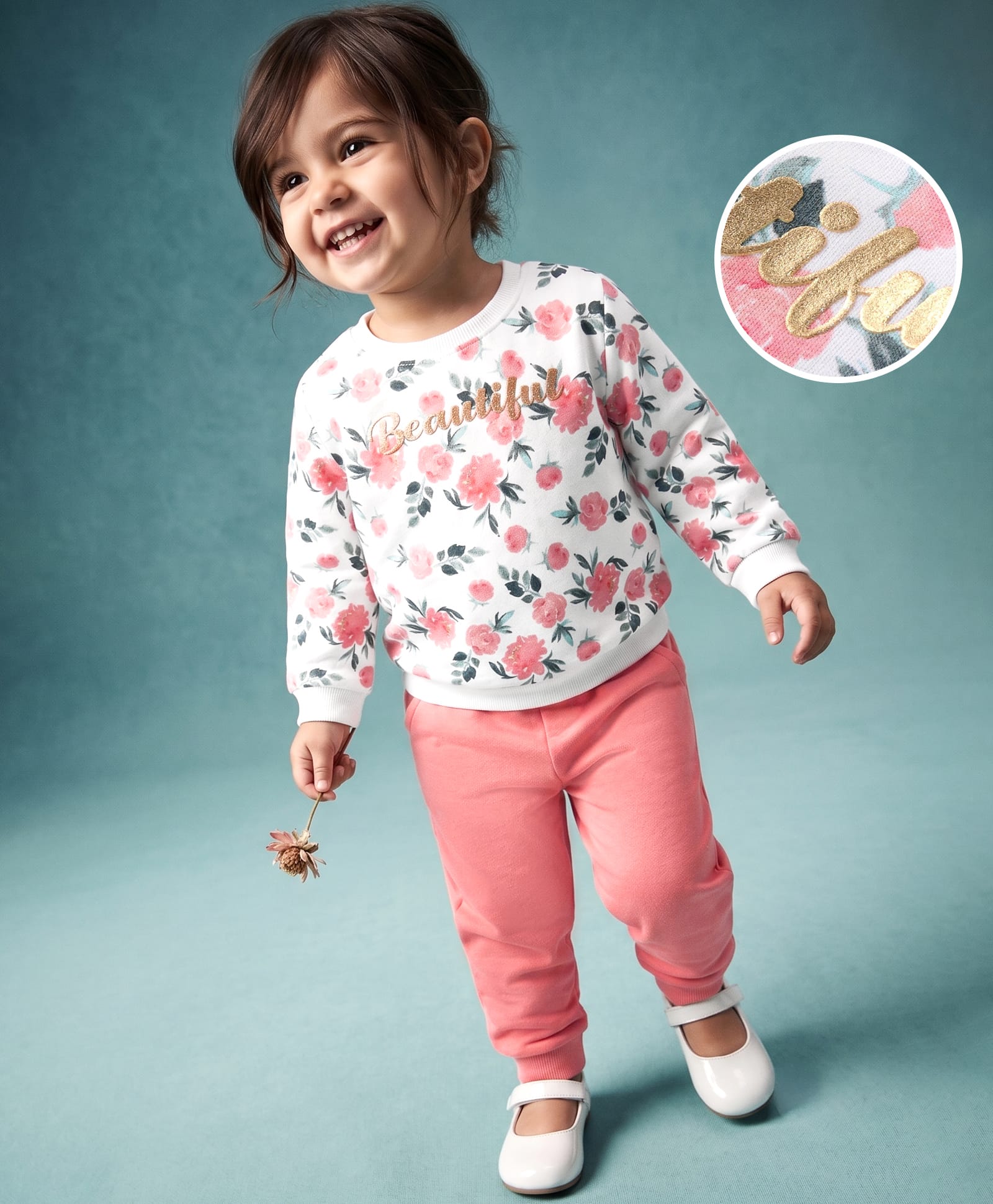 Babyhug Single Jersey Knit Full Sleeves Tee & Pant Set with Floral Print - White & Pink-image-49