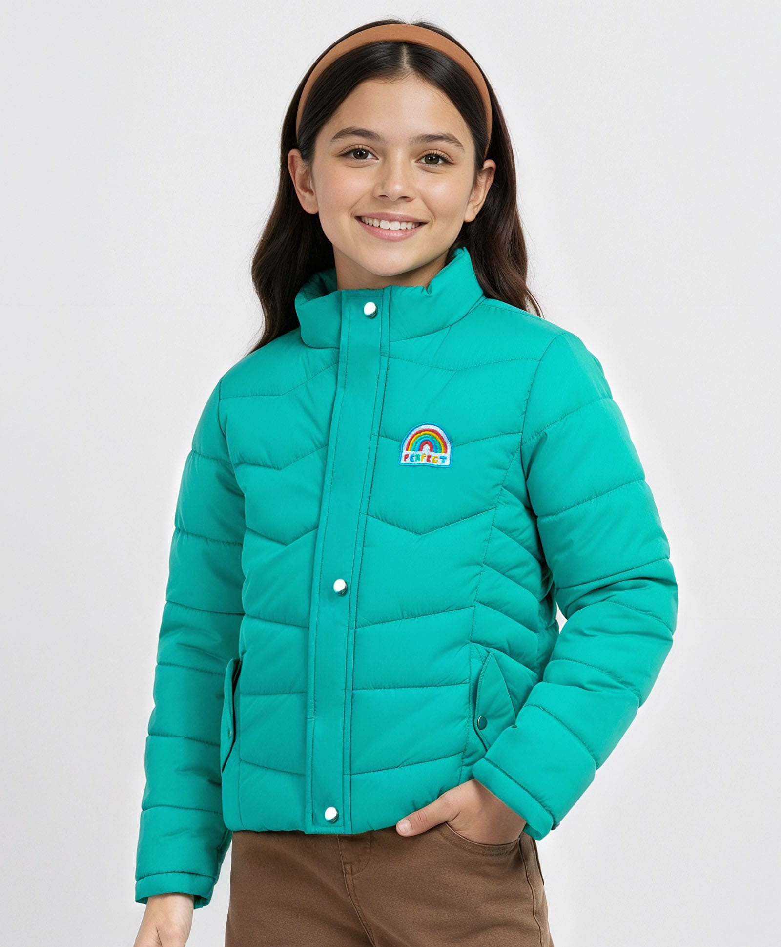 Pine Kids Woven Full Sleeves High Neck Front Open Padded Quilted Jacket With Rainbow Patch Detailing - Green-image-4