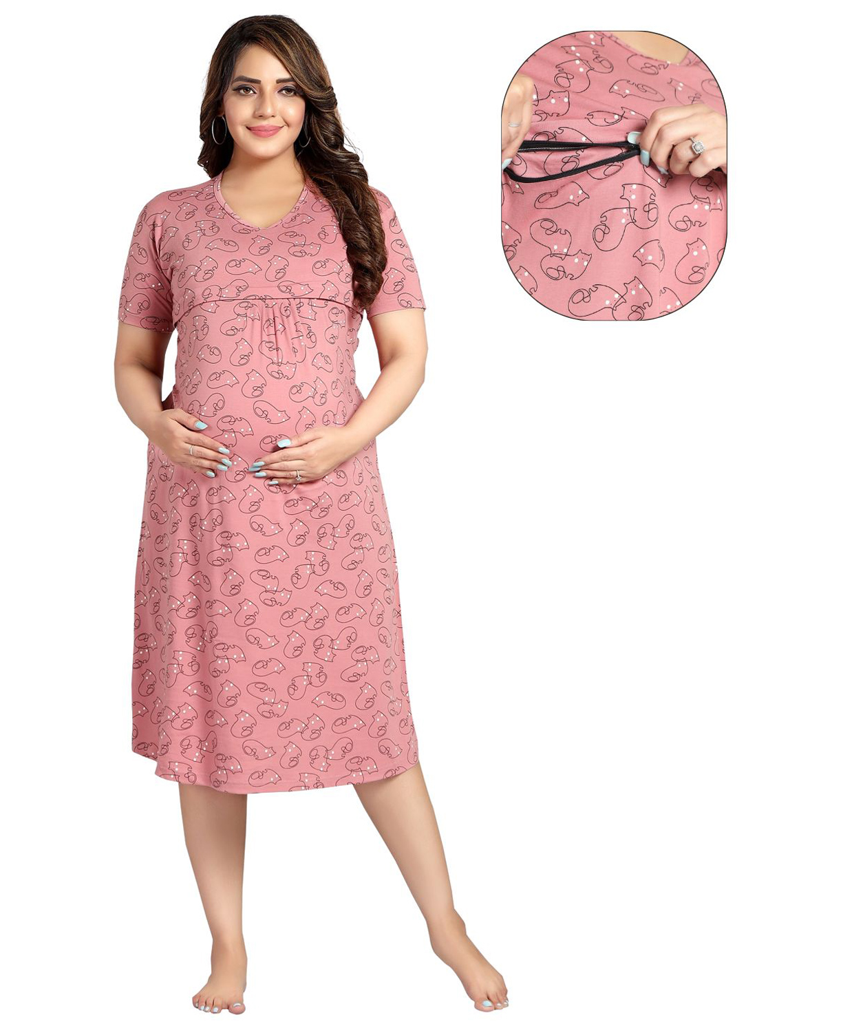Fabme Pure Cotton  Half Sleeves Cats Printed Nighty With Concealed Zipper Nursing Access  - New York Pink-picture-17