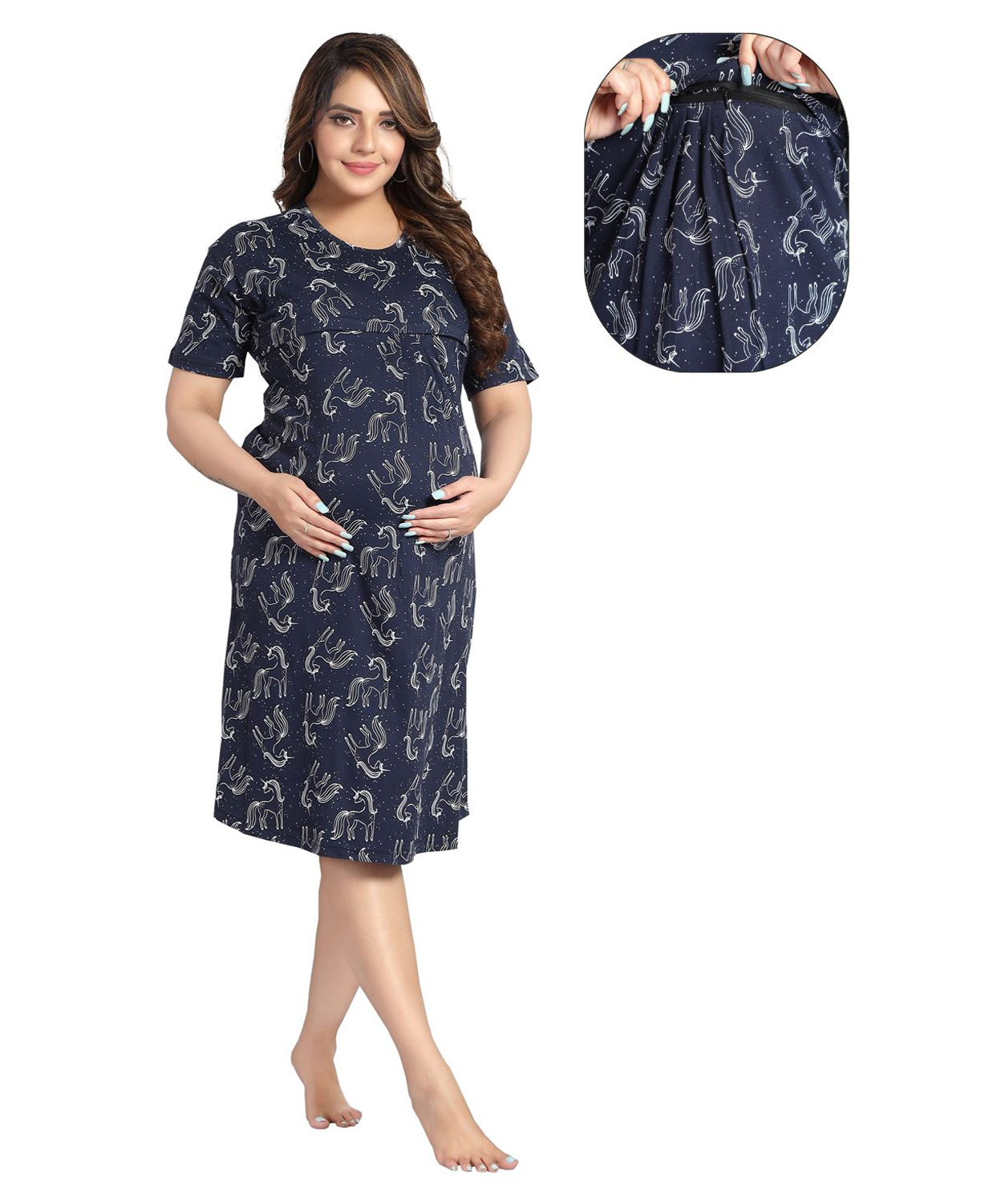 Fabme Pure Cotton Half Sleeves Unicorns Printed Nighty With Concealed Zipper Nursing Access  - Navy Blue-image-29