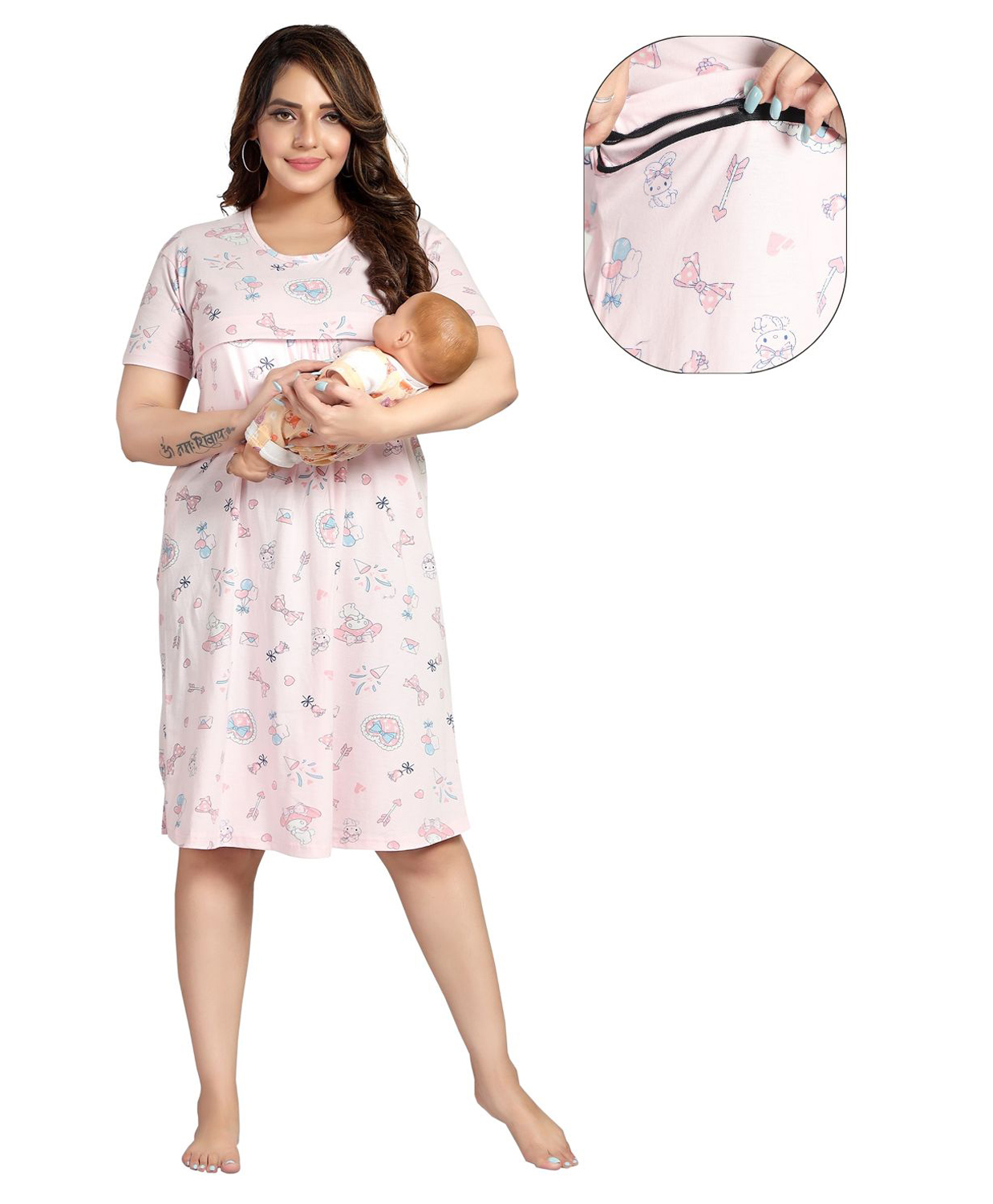 Fabme Pure Cotton Half Sleeves Hearts & Bunnies Printed Nighty With Concealed Zipper Nursing Access  - Baby Pink-image-22