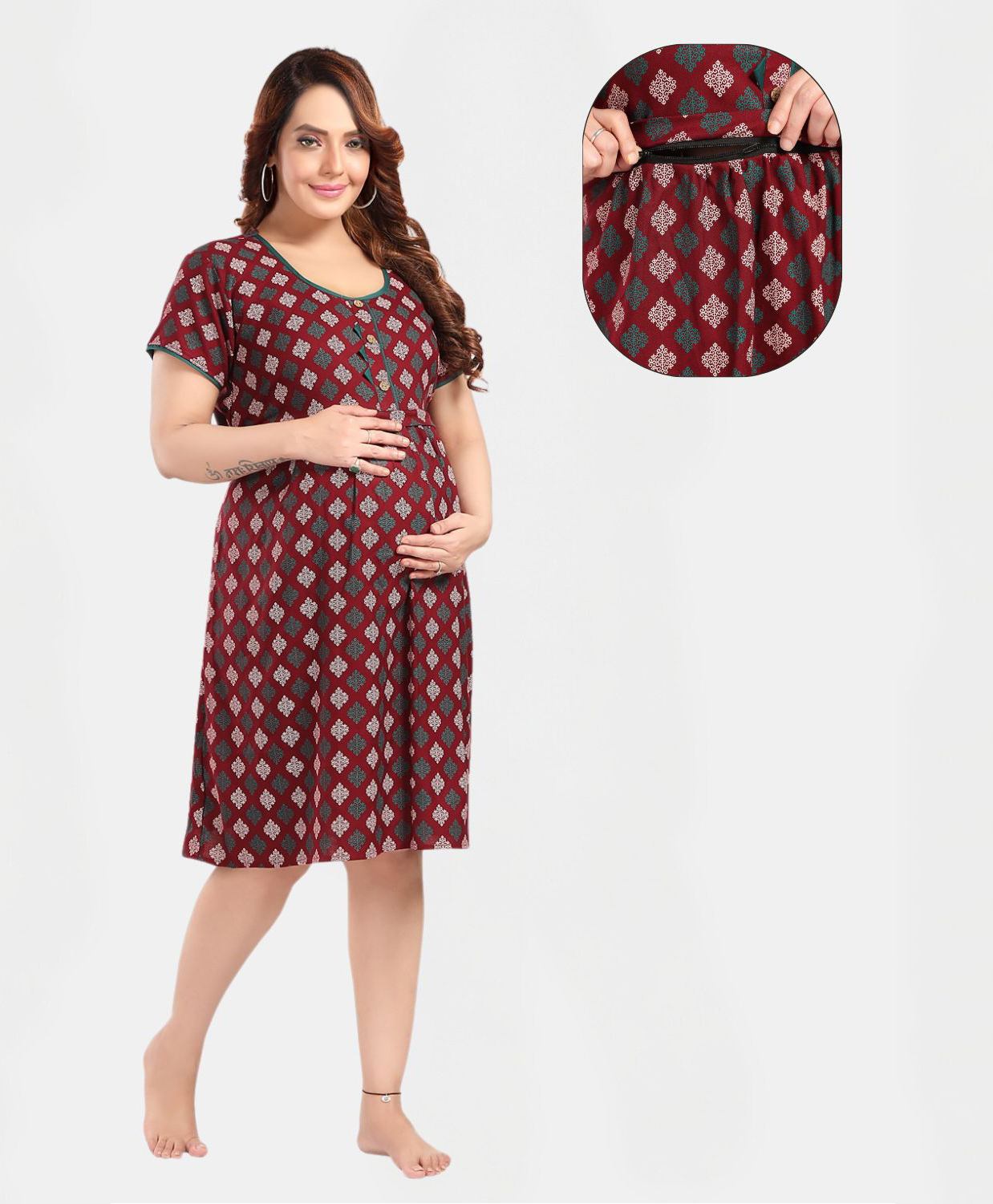 Fabme Pure Cotton Half Sleeves Motif Printed Nighty With Concealed Zipper Nursing Access - Maroon & Green-image-14