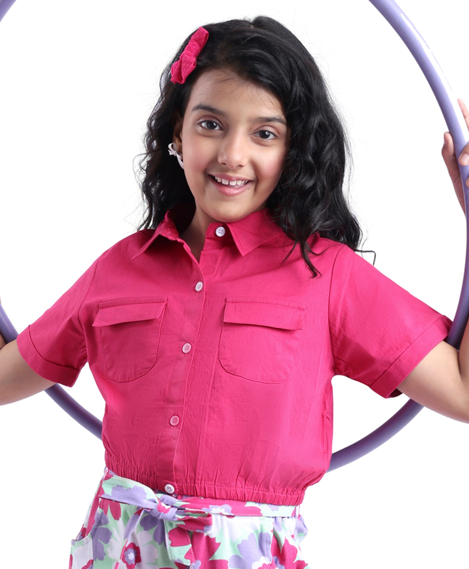 Pine Kids Woven Half Sleeves Collared Neck Front Open Solid Colour Top - Pink-picture-27