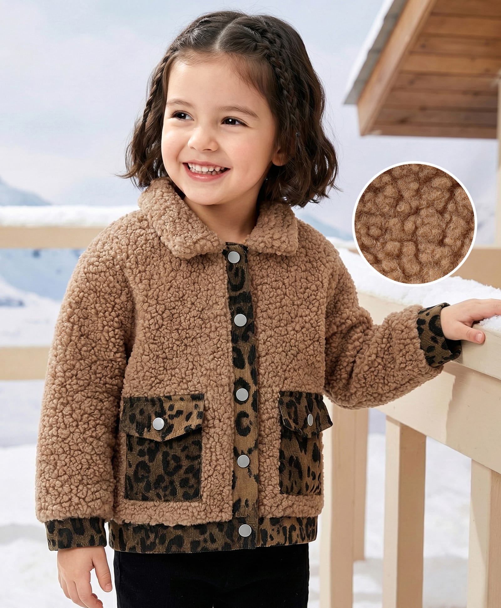Kookie Kids Full Sleeves Winter Fur Jacket with Leopard Print & Pockets - Tan-picture-28