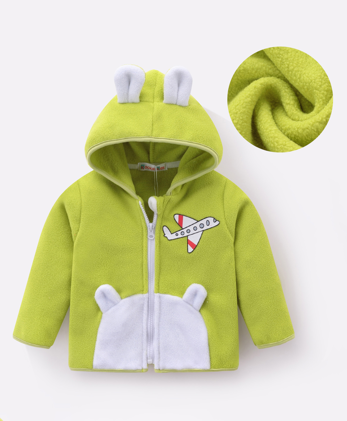 Kookie Kids Full Sleeves Hooded Winter Fur Jacket with Aeroplane Patch & 3D Applique - Limegreen-picture-14