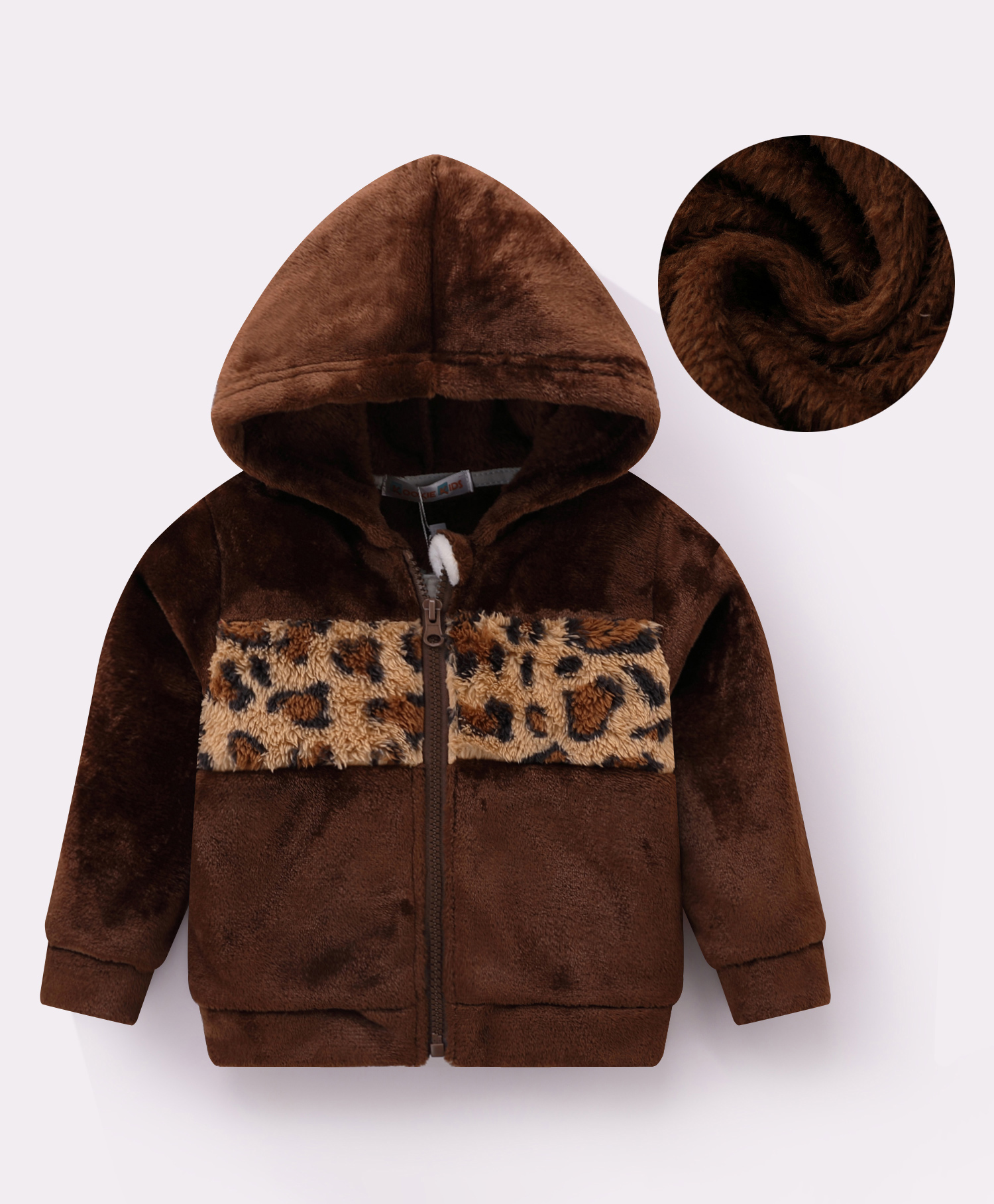 Kookie Kids Full Sleeves Hooded  Winter Fur Jacket with Leopard Theme Design - Brown-picture-16