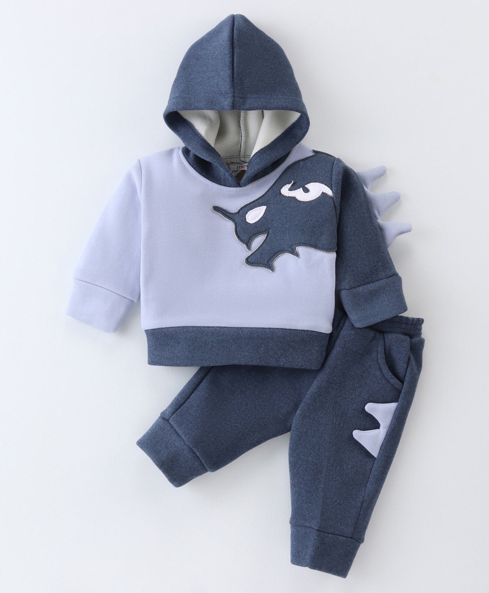 Mom's pet Blended Full Sleeves Dinosaur Embroidered Hooded Tee & Pajama Set For Winter - Blue-picture-16