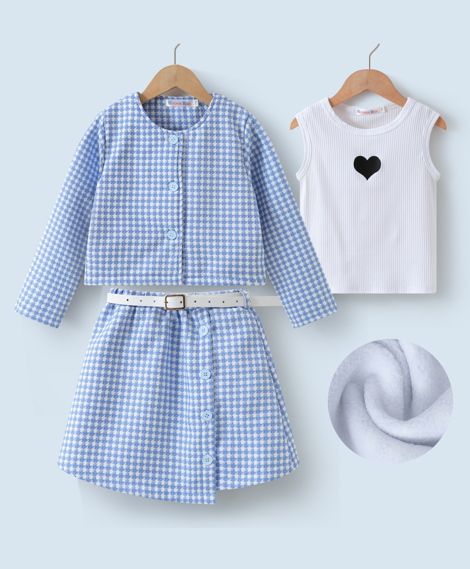 Kookie Kids Full Sleeves Checkered Top & Skirt With Heart Printed Vest - Light Blue-image-3