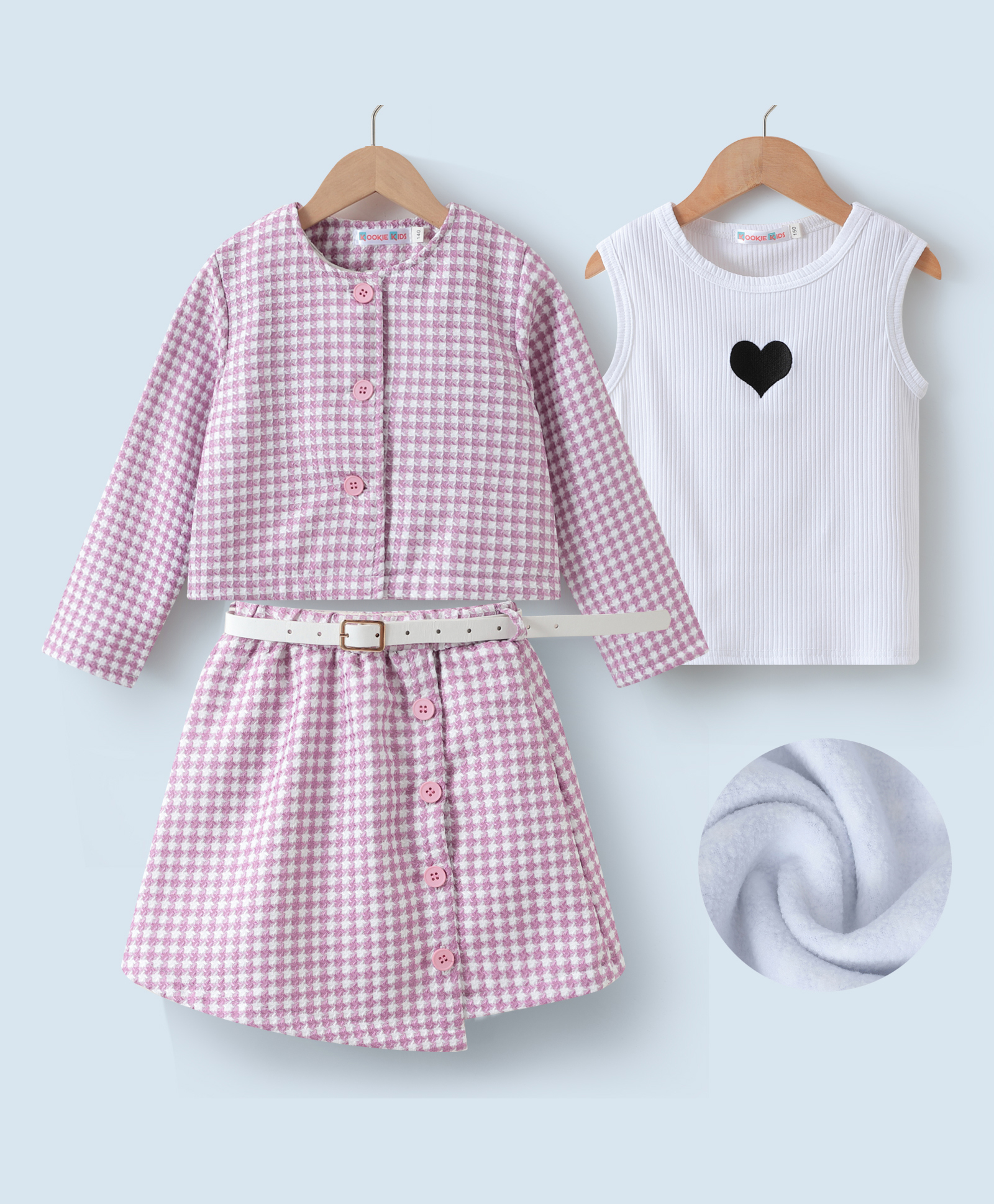 Kookie Kids Full Sleeves Checkered Top & Skirt With Heart Printed Vest - Pink-image-41