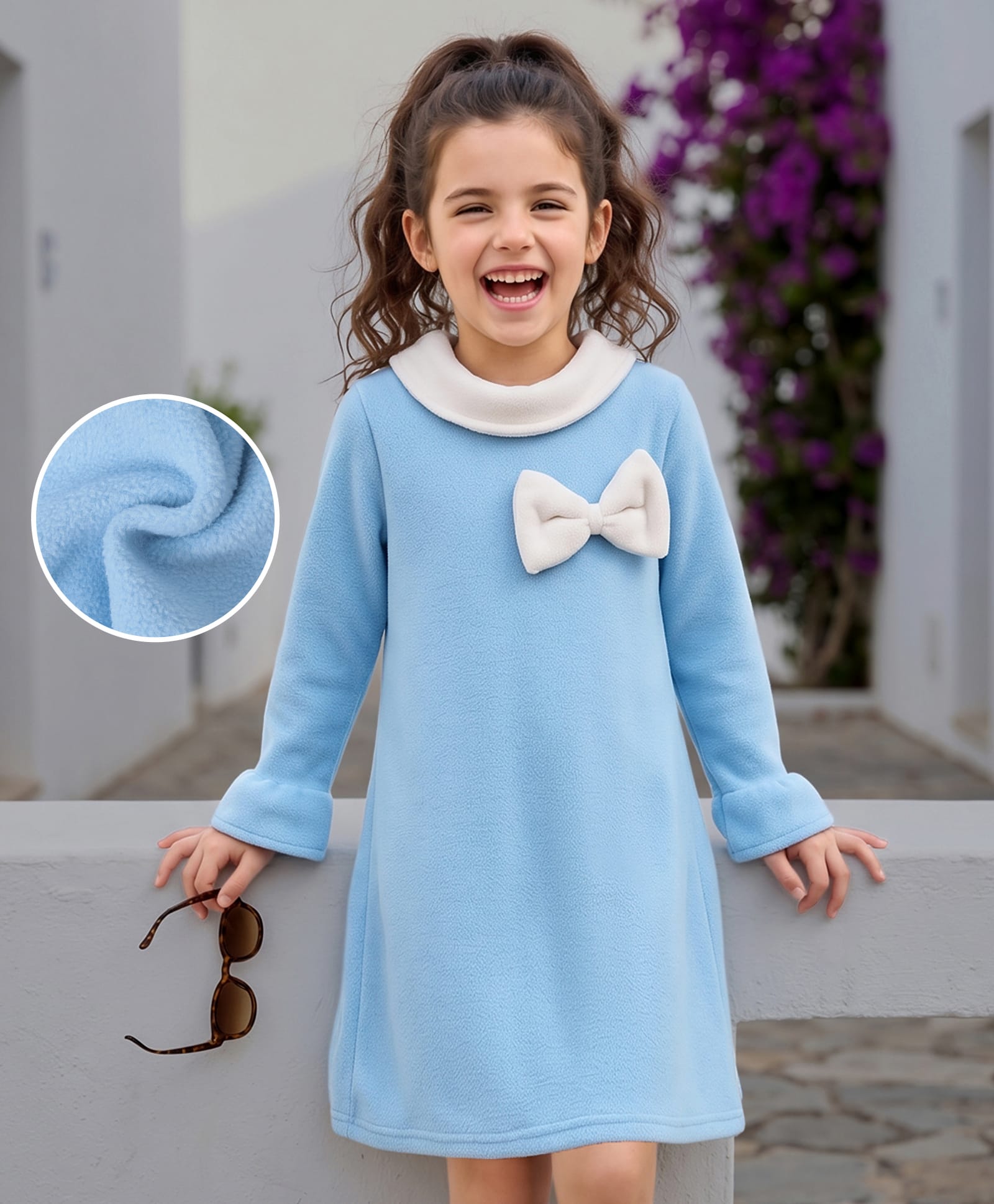 Kookie Kids Full Sleeves Solid ColourParty Frock with Peter Pan Collar & Bow Applique - Blue-image-15