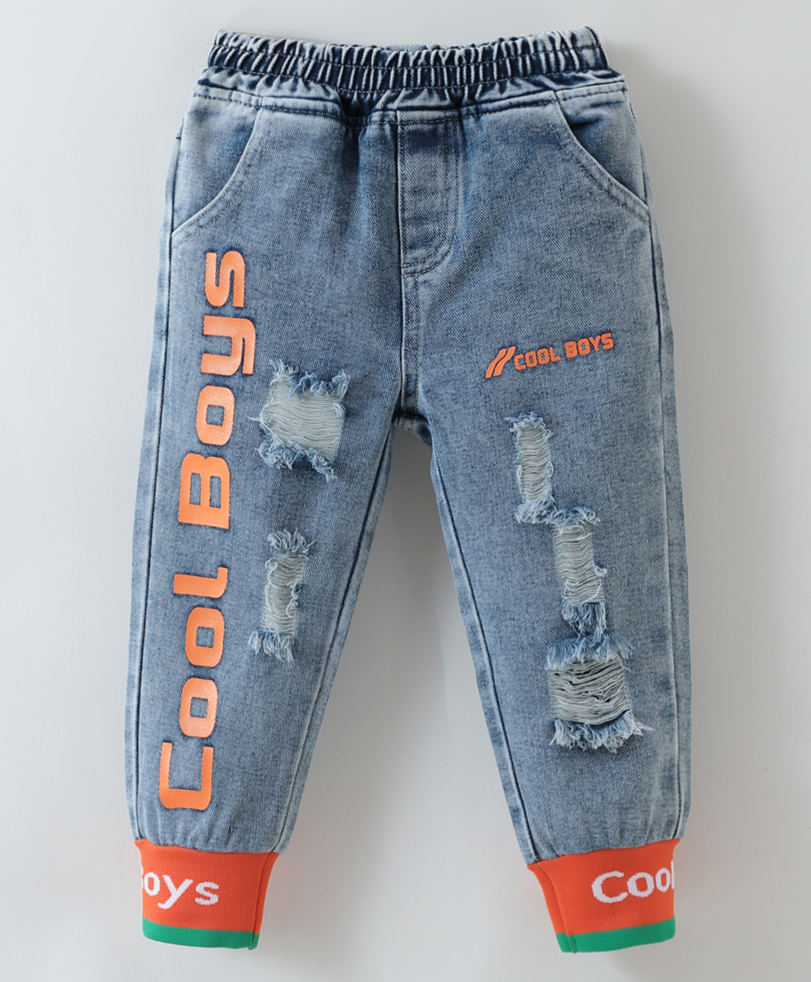 Kookie Kids Full Length Washed Denim DistressedJeans With Text Print - Blue-picture-10