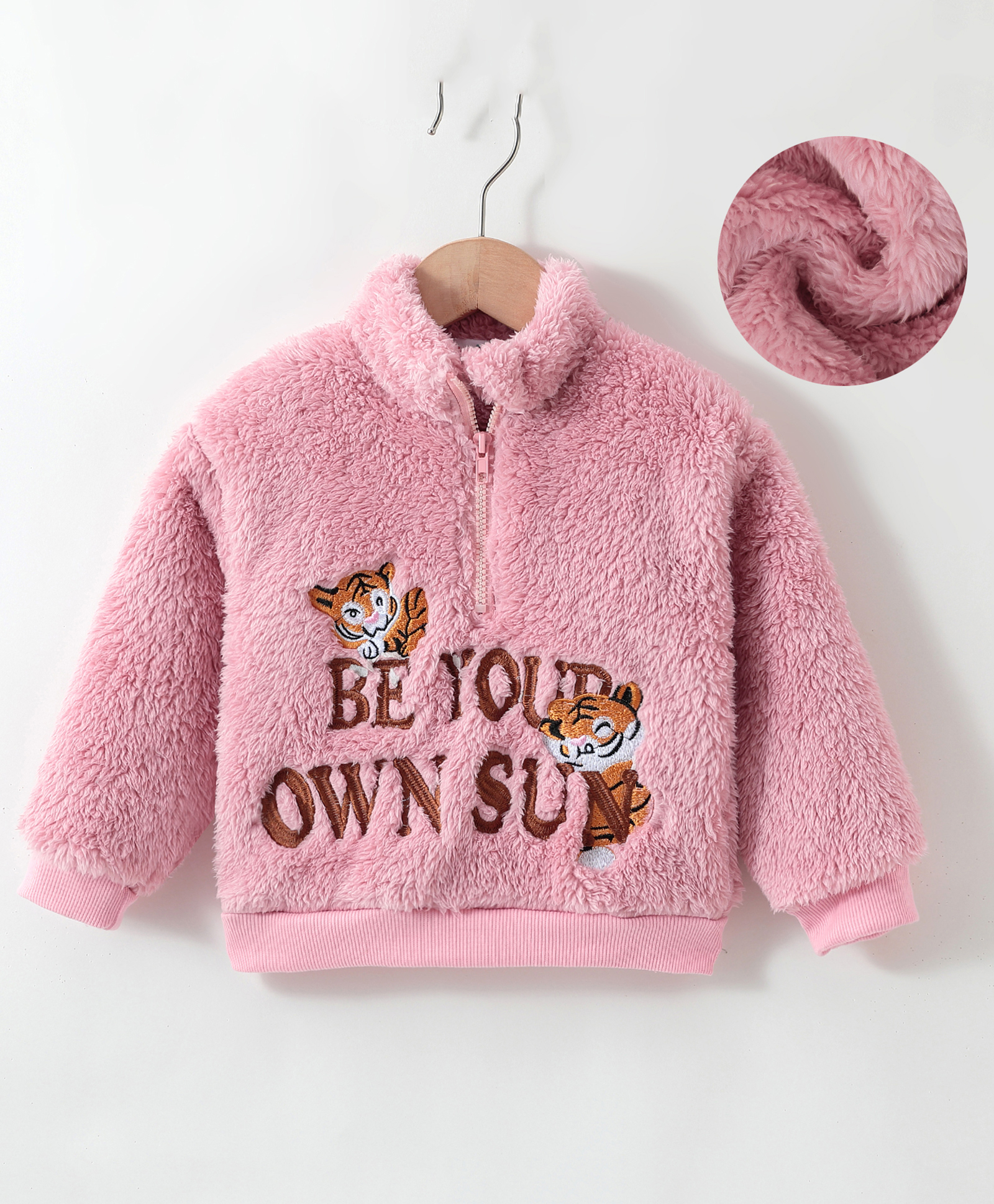 Kookie Kids Full Sleeves High Neck Front Open Winter Fur Jacket with Text & Animal Embroidery - Pink-picture-24