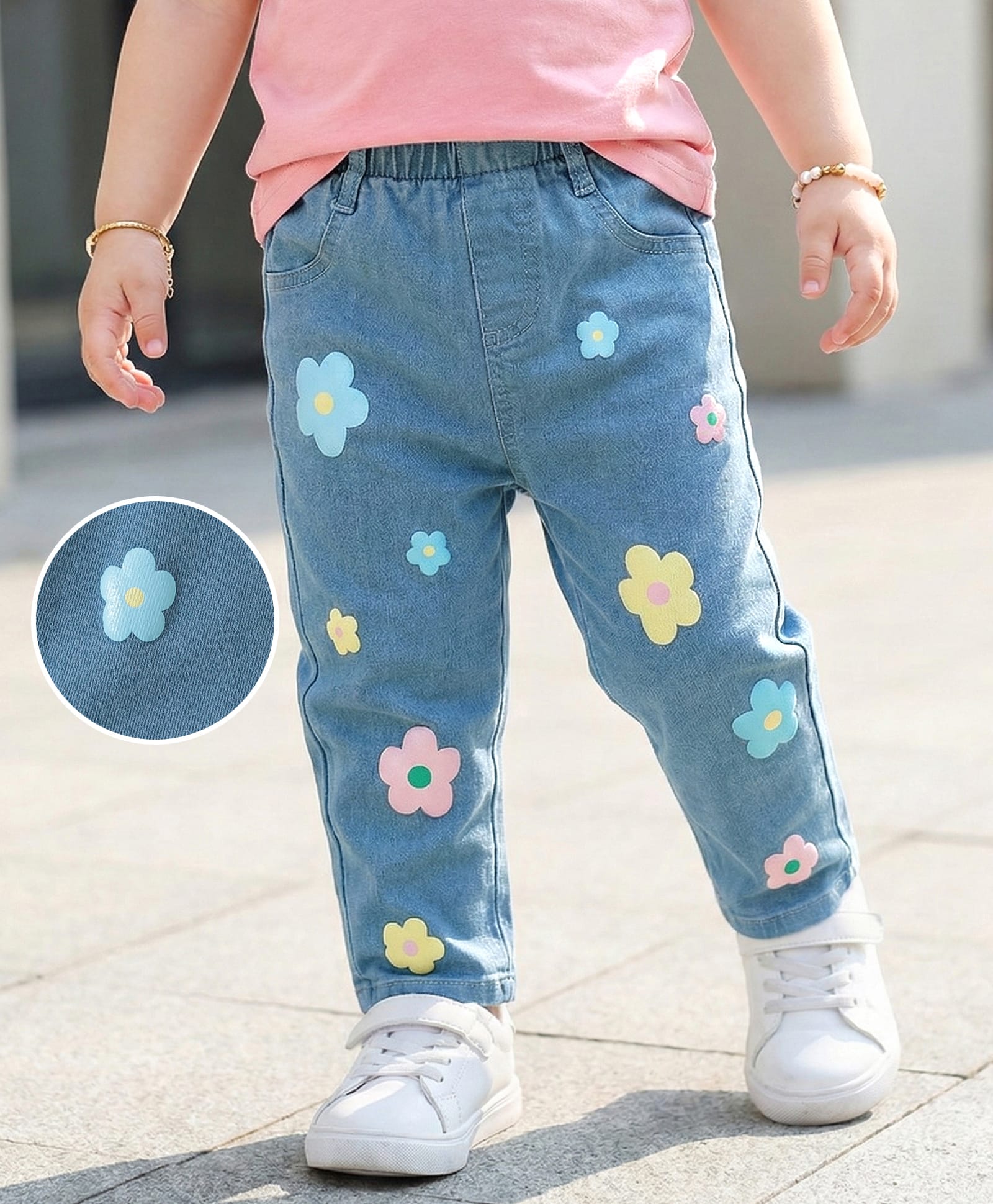 Kookie Kids Full Length  Floral Printed Denim Jeans - Blue-image-4