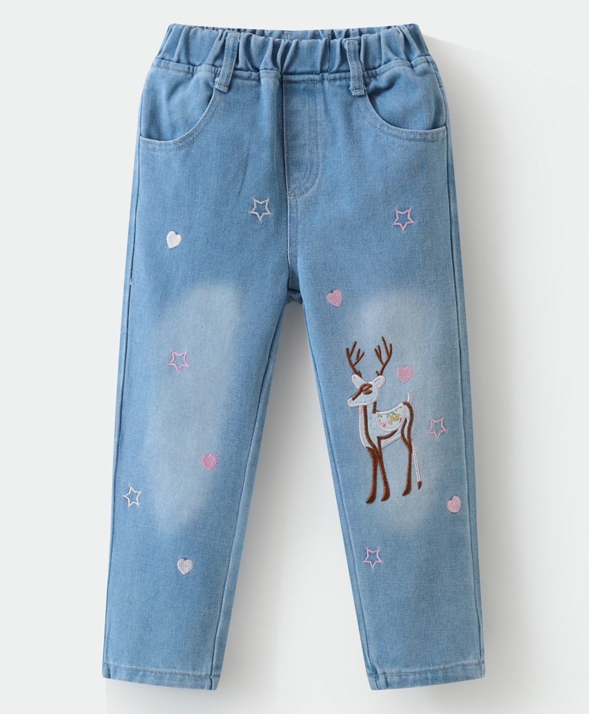 Kookie Kids  Denim Full Length Distressed  Jeans with Reindeer Embroidery - Blue-picture-12
