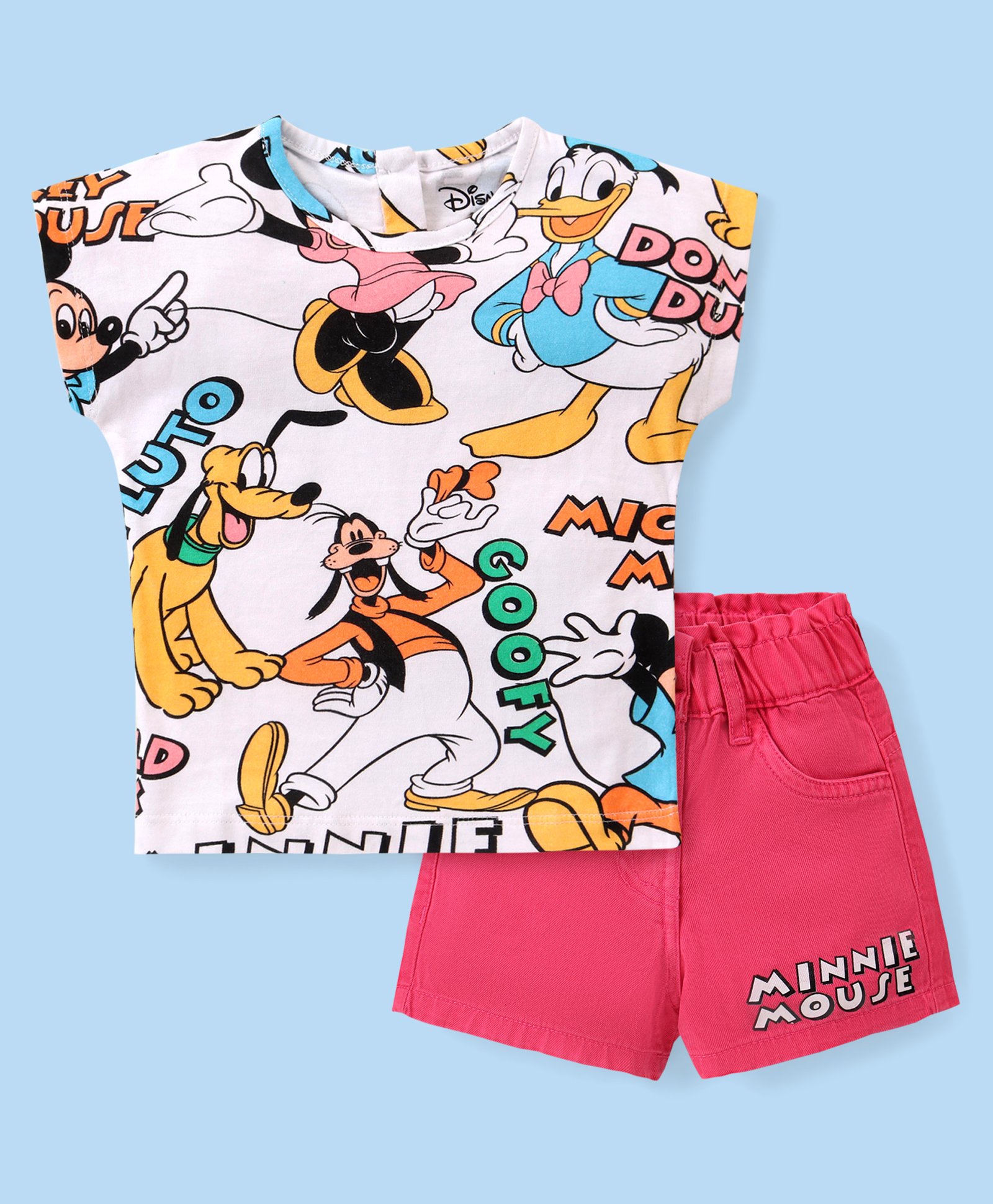 Babyhug Disney Single Jersey Knit Sleeveless T-Shirt & Shorts Set With Minnie Mouse & Donald Duck Print - Pink & White-picture-14