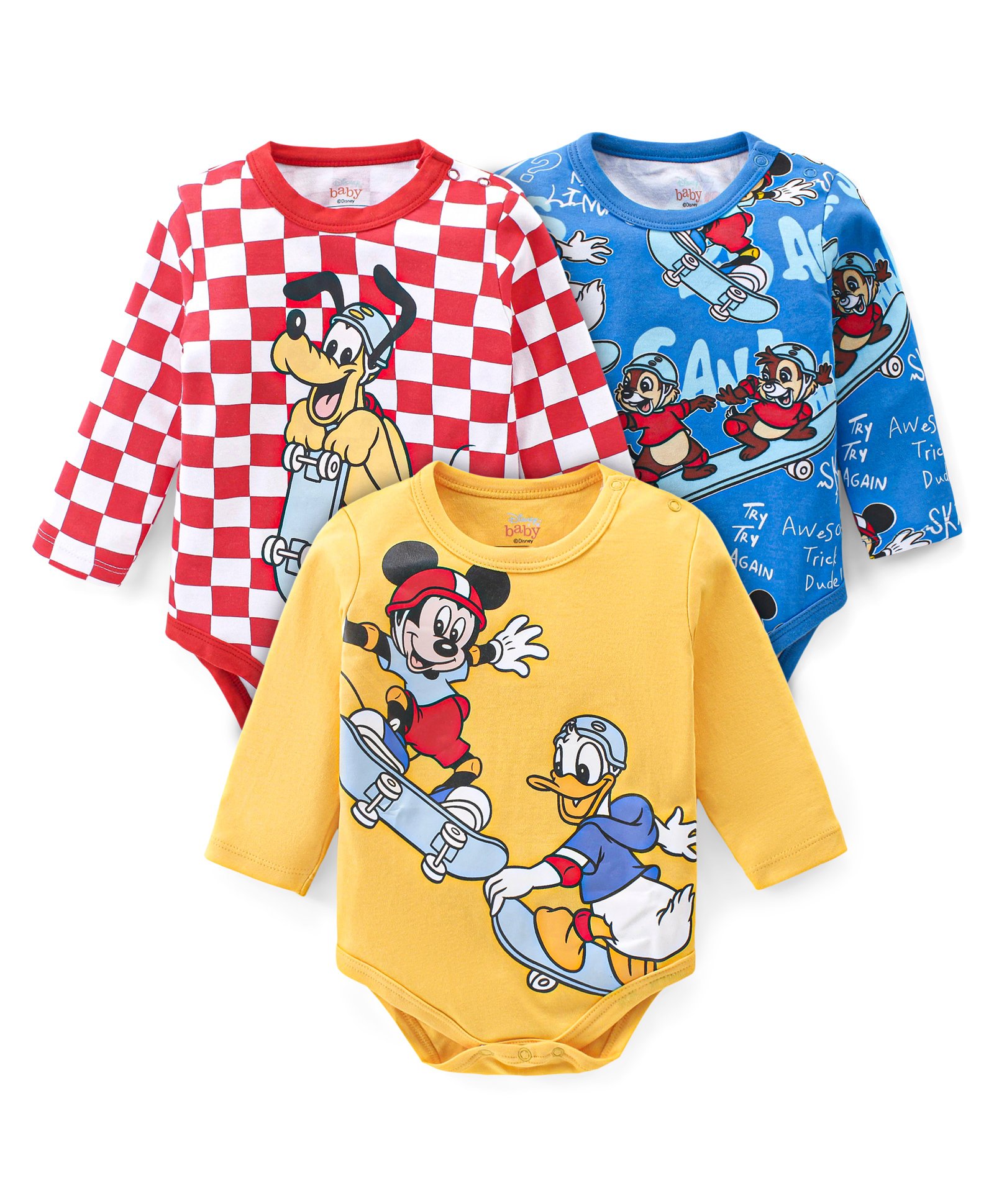 Babyhug Disney Interlock Knit Full Sleeves Onesies With Mickey Mouse and Friends Graphics Pack of 3 - Yellow Blue & Red-picture-16