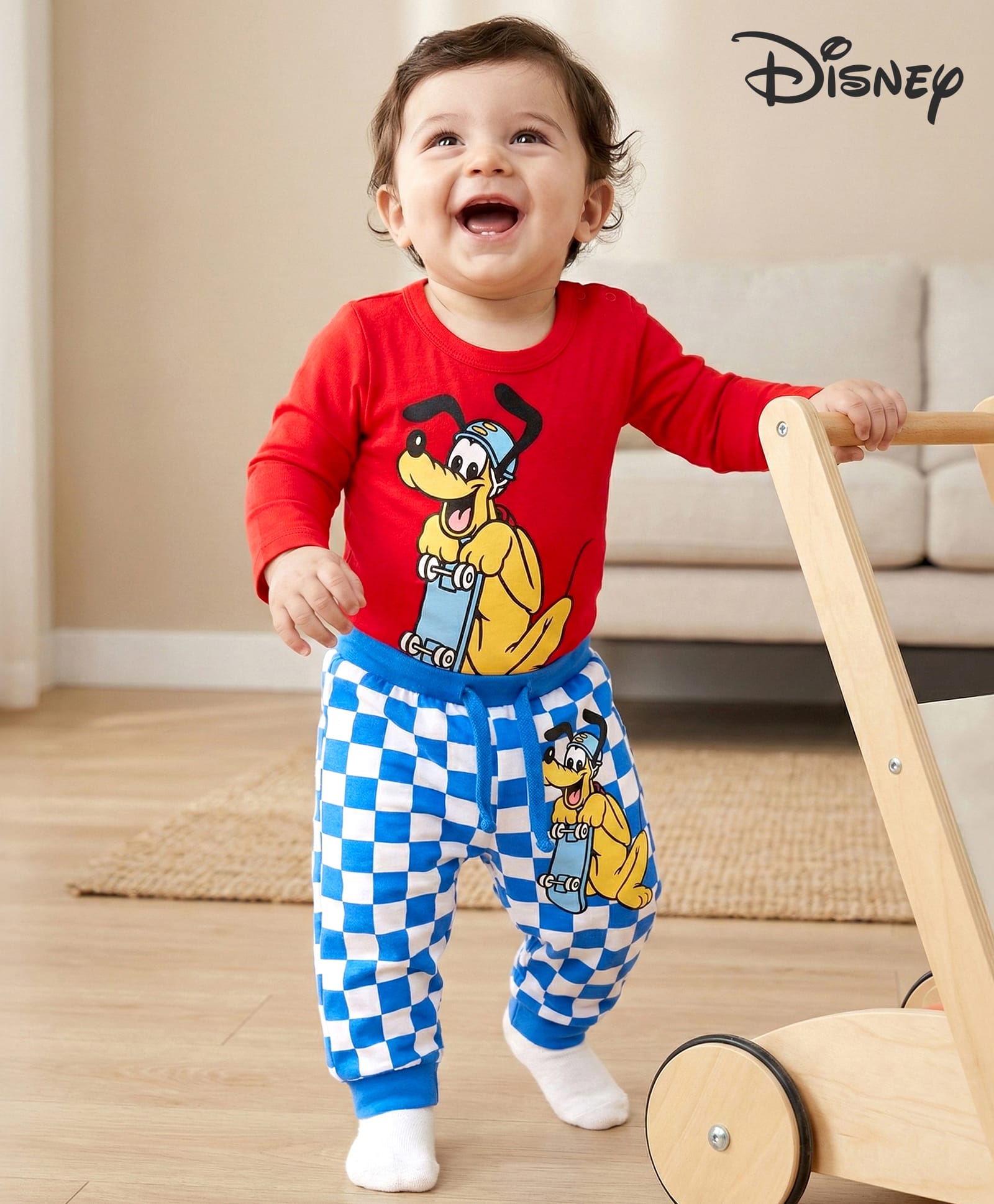 Babyhug Disney Interlock Knit Full Sleeves Onesie & Diaper Leggings with Pluto Graphic - Red & Blue-image-13
