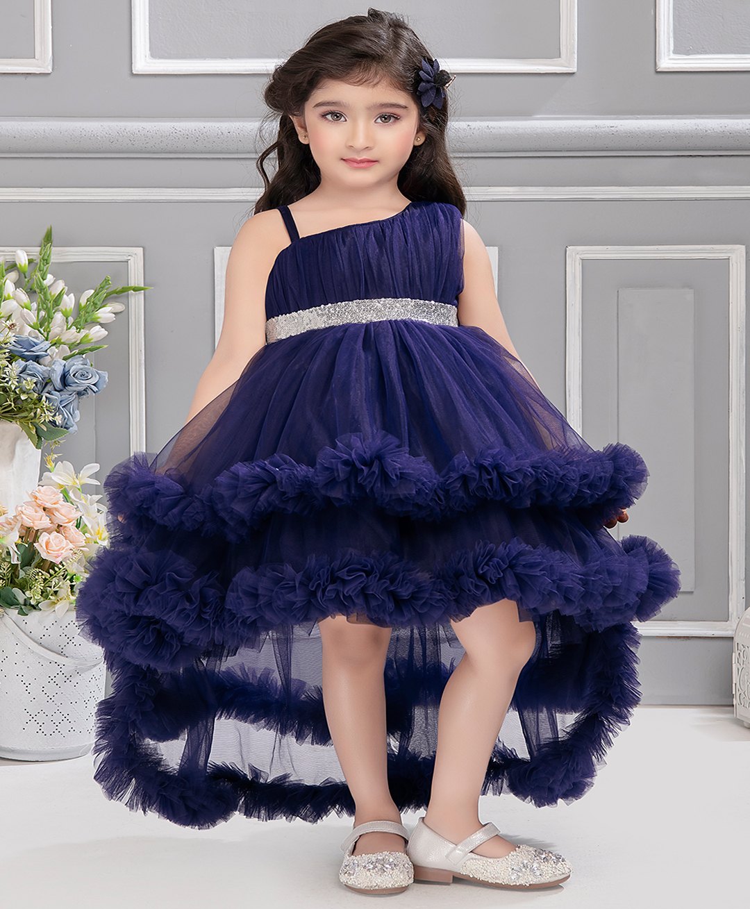 Ministitch Net Sleeveless Sequin Embellished High Low Dress - Navy Blue-image-43