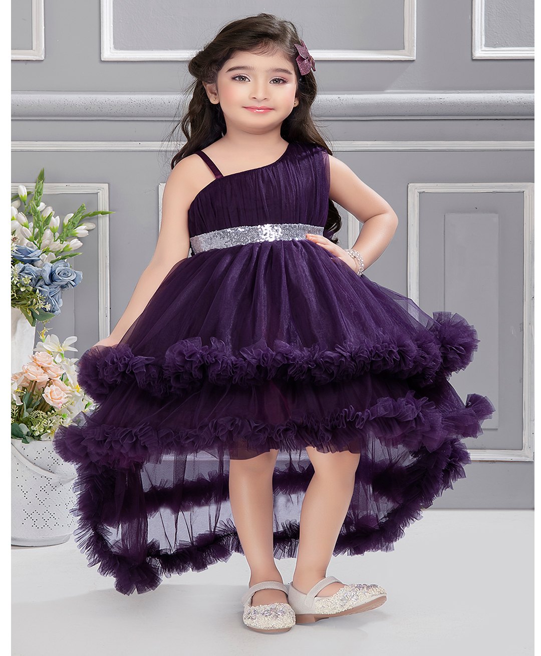 Ministitch Net Sleeveless Sequin Embellished High Low Dress - Purple-image-15