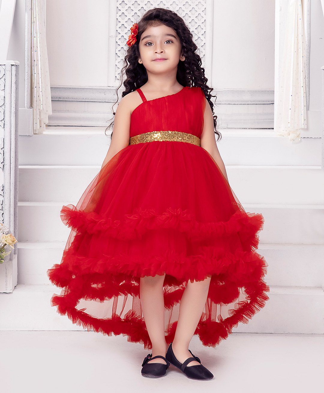 Ministitch Net Sleeveless Sequin Embellished High Low Dress - Red-image-39