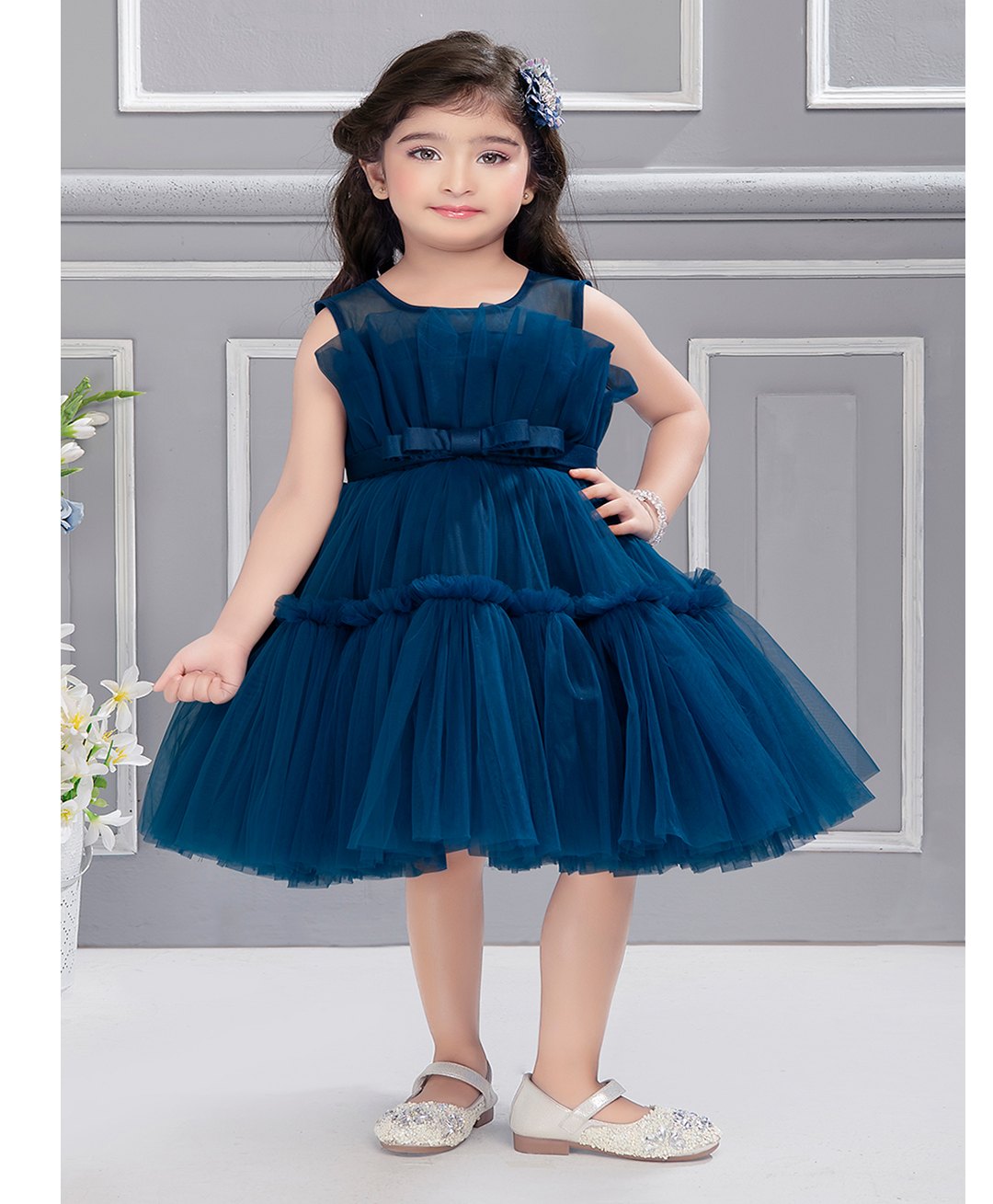 Ministitch Net Sleeveless  Pleated Bodice Detailed Tiered Dress - Teal Blue-picture-1