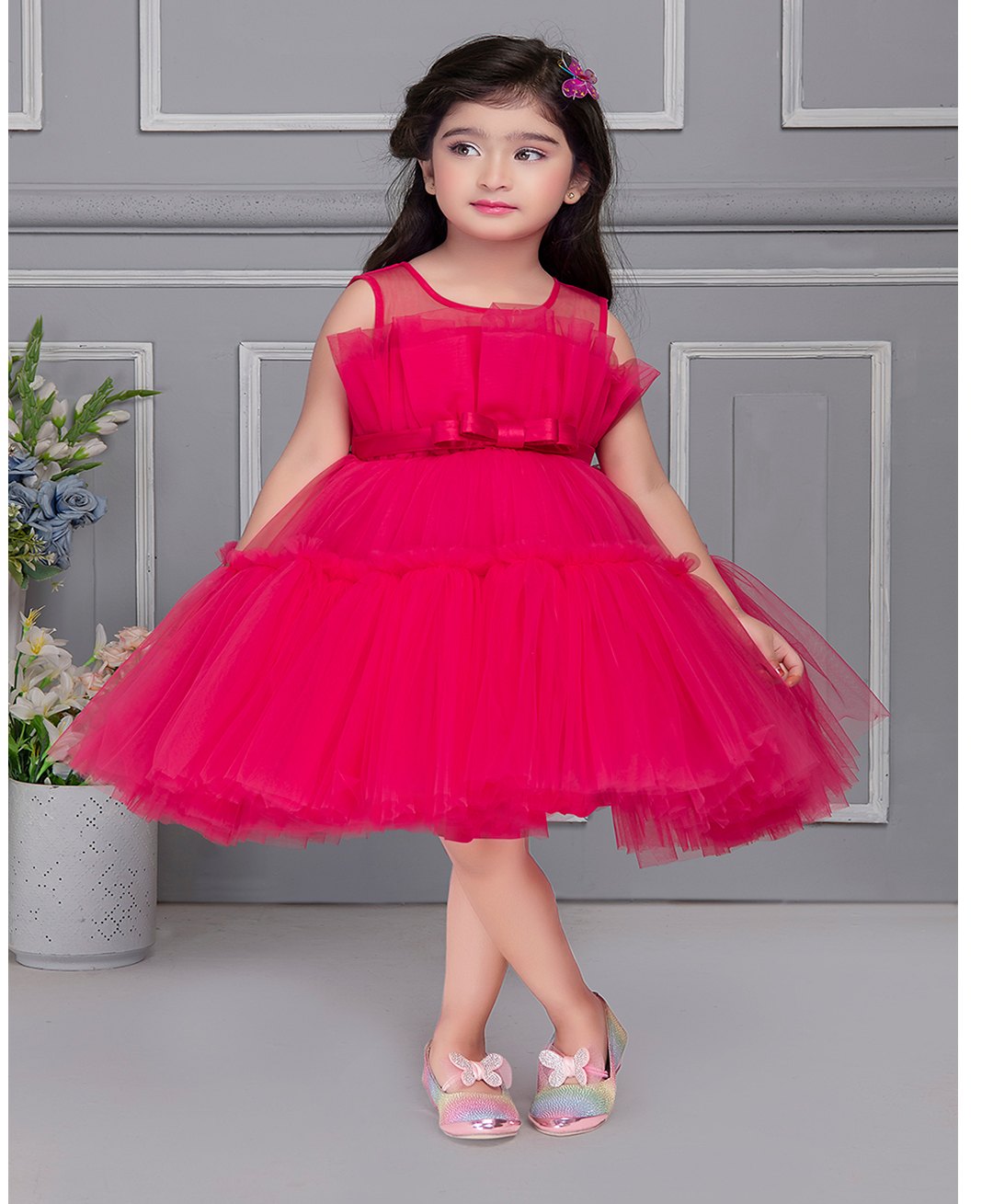 Ministitch Net Sleeveless  Pleated Bodice Detailed Tiered Dress - Fuschia-picture-25