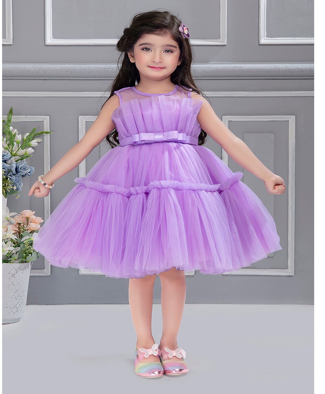 Ministitch Net Sleeveless  Pleated Bodice Detailed Tiered Dress - Lavender