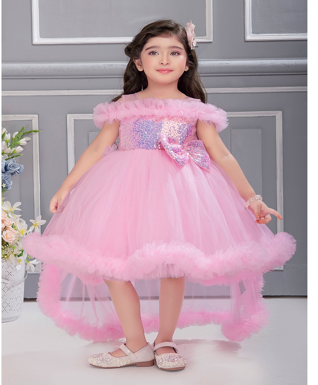 Ministitch Net Off Shoulder Sequin Embellished Bodice High Low Party Dress - Baby Pink-image-14