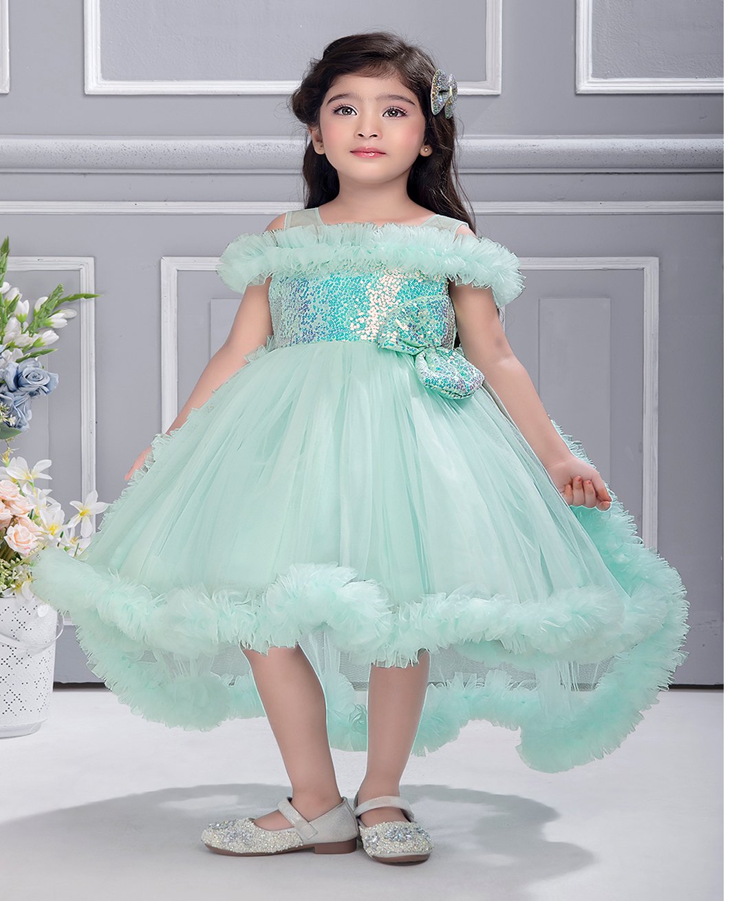 Ministitch Net Off Shoulder Sequin Embellished Bodice High Low Party Dress - Blue-image-13