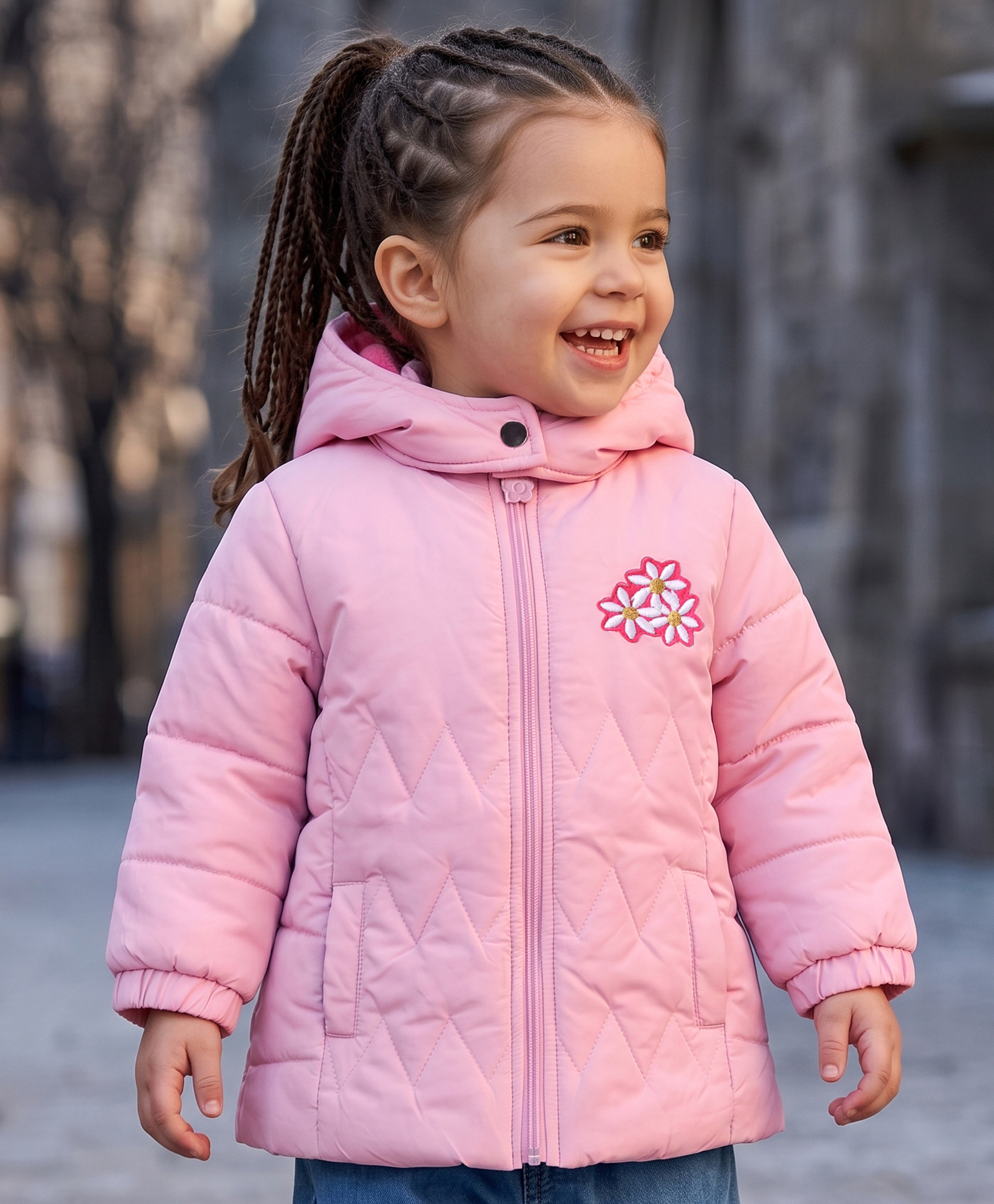Babyoye Woven Full Sleeves Front Open Padded Hooded Jacket with Floral Patch Detailing - Pink-picture-20