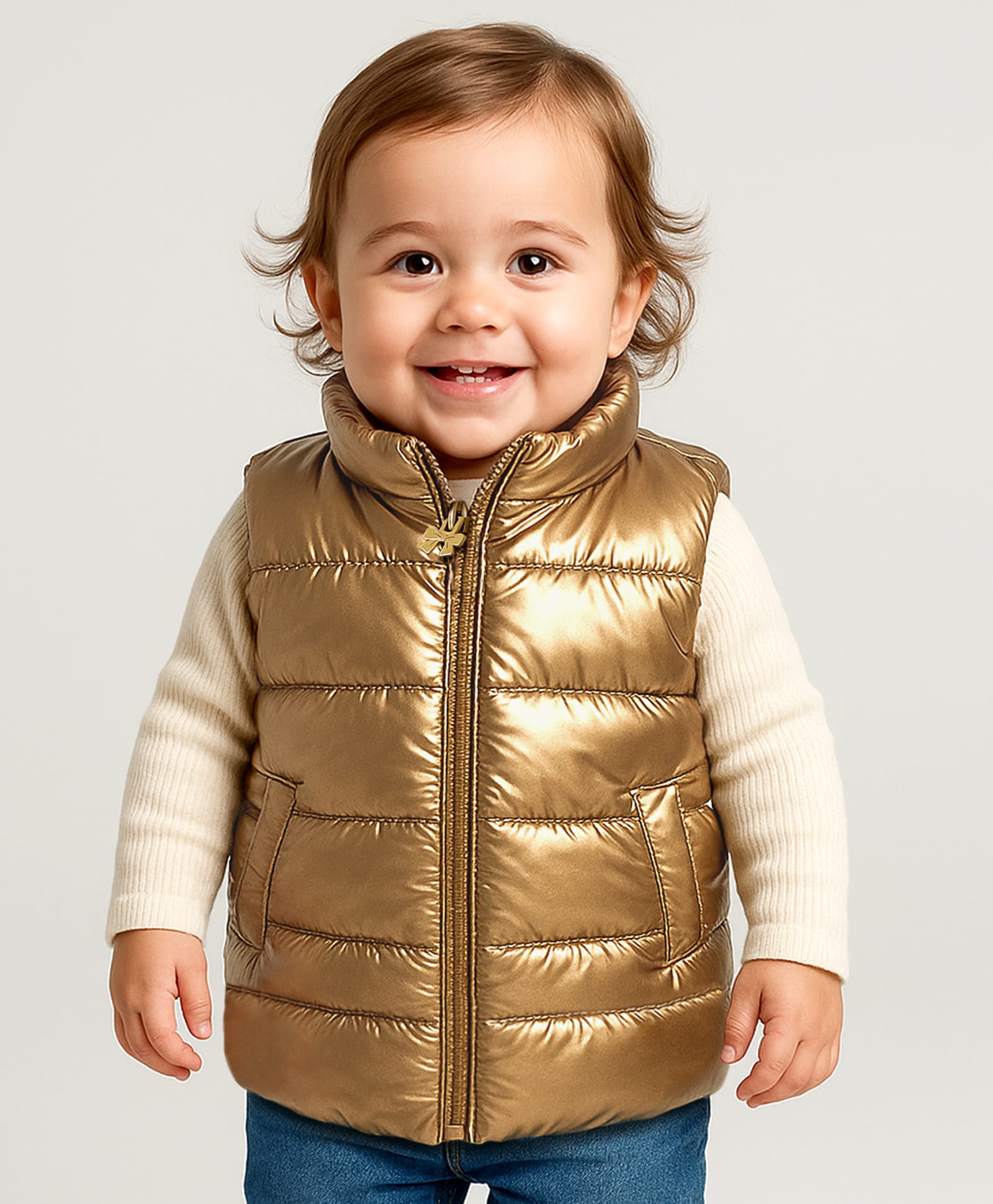 Babyoye Woven Sleeveless Solid Colour Padded Winter Jacket with Pockets - Golden-image-44