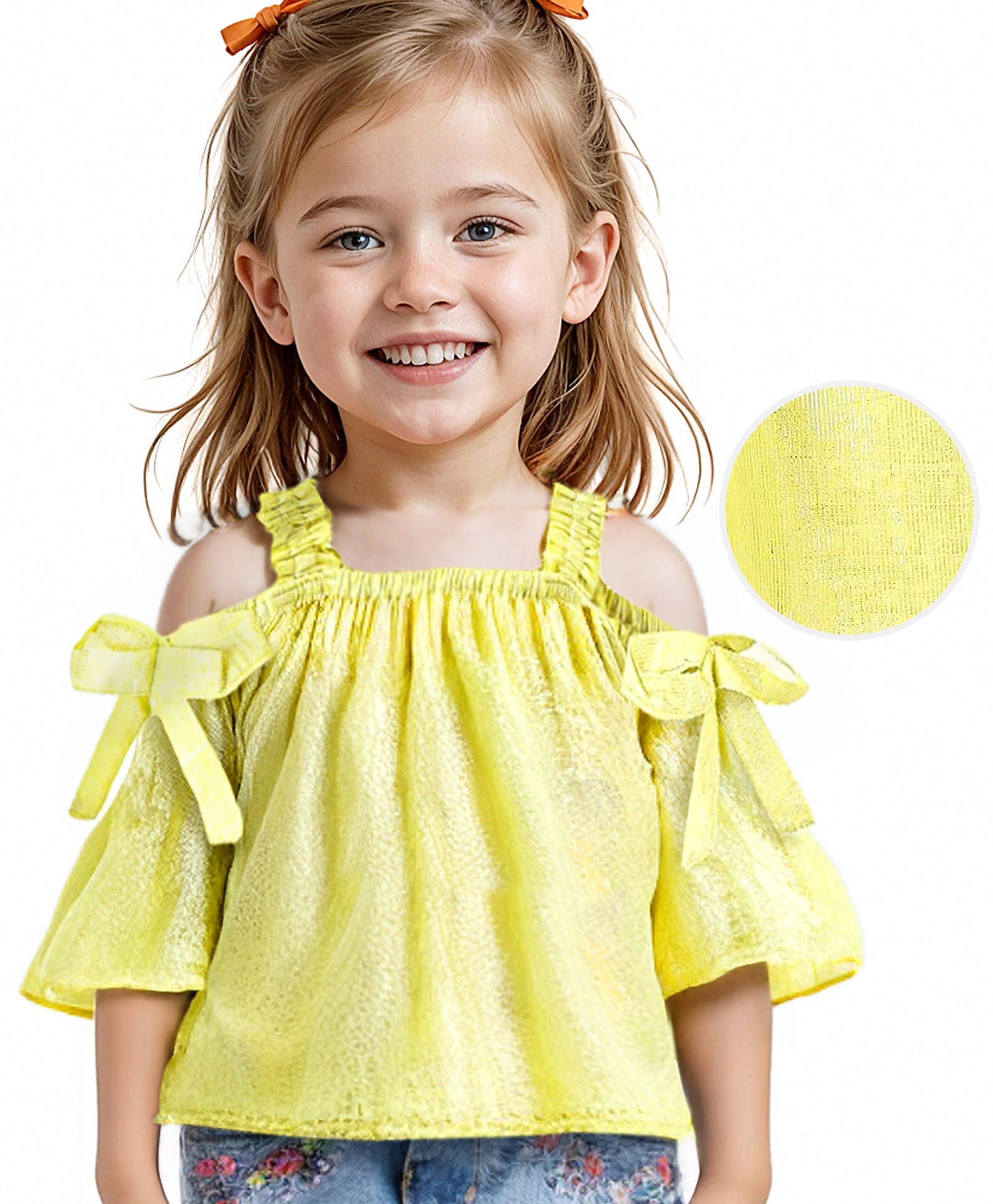 Babyhug Cotton Lurex Knit Three Fourth Off Shoulder Sleeves Top with Knot Detailing - Lime Green-image-28