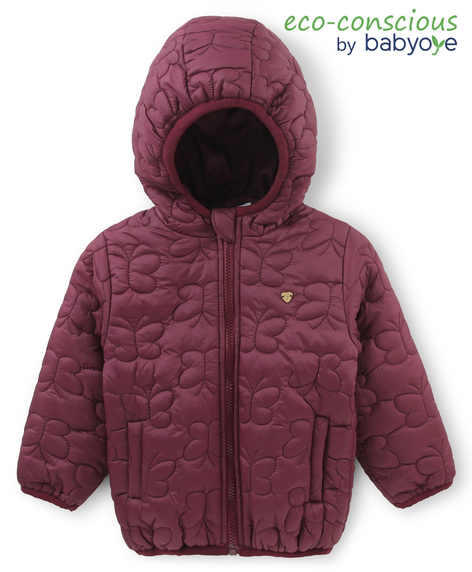 Babyoye Woven Full Sleeves Padded Hooded Jacket with Quilted Butterfly Design - Wine-picture-17