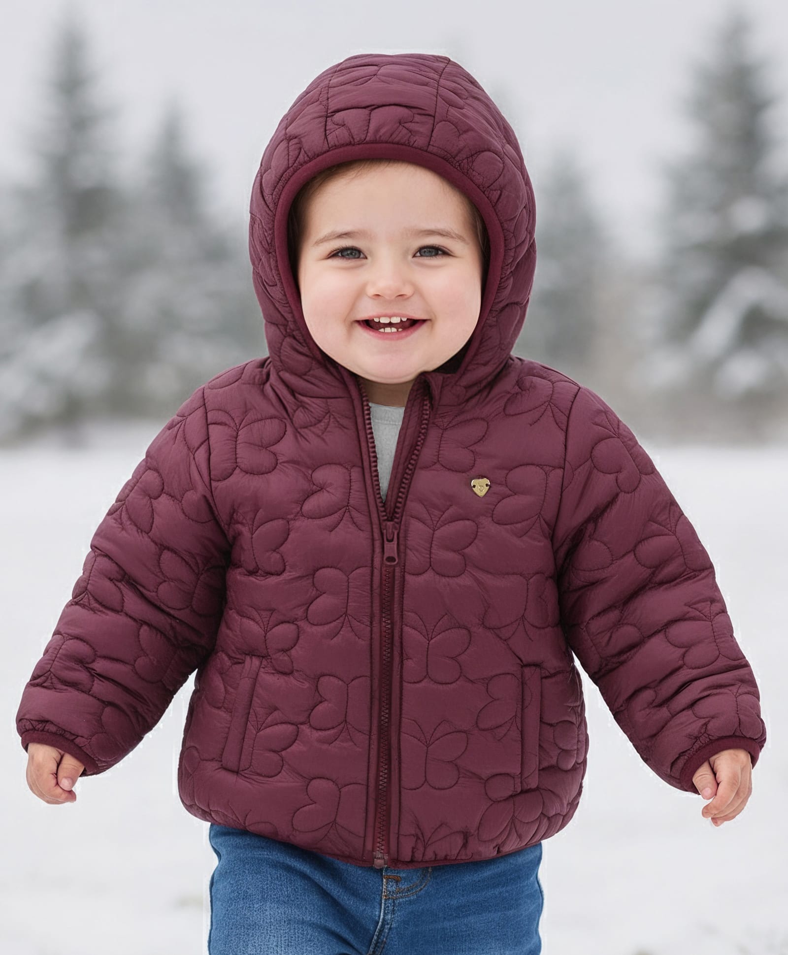 Babyoye Woven Full Sleeves Padded Hooded Jacket with Quilted Butterfly Design - Wine-picture-11