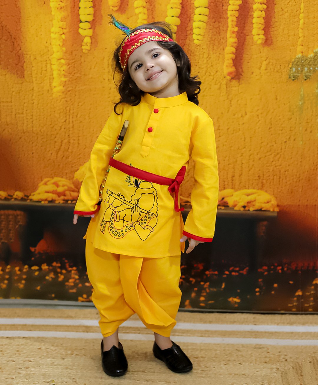BownBee Full Sleeves Janmashtami Theme Krishna Costume Set - Yellow-image-25
