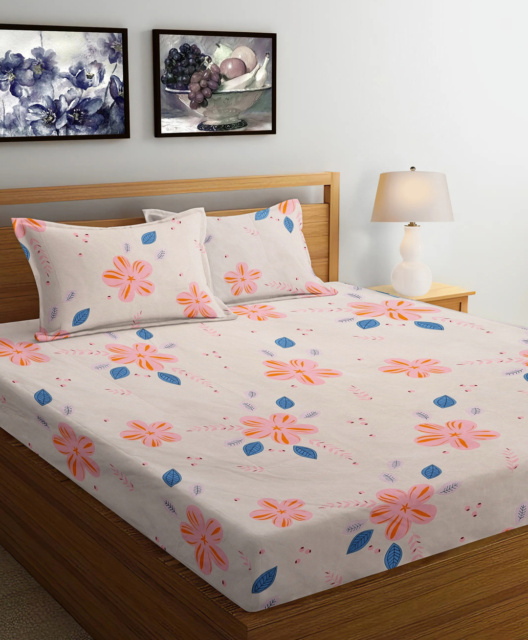 FABINALIV Multicolor Floral 300 TC Cotton Blend King Size Double Bedsheet with 2 Pillow Covers-picture-34