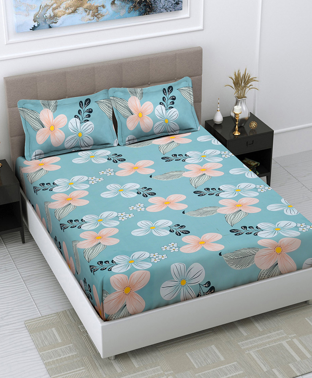 FABINALIV Multicolor Floral 300 TC Cotton Blend King Size Double Bedsheet with 2 Pillow Covers-image-37