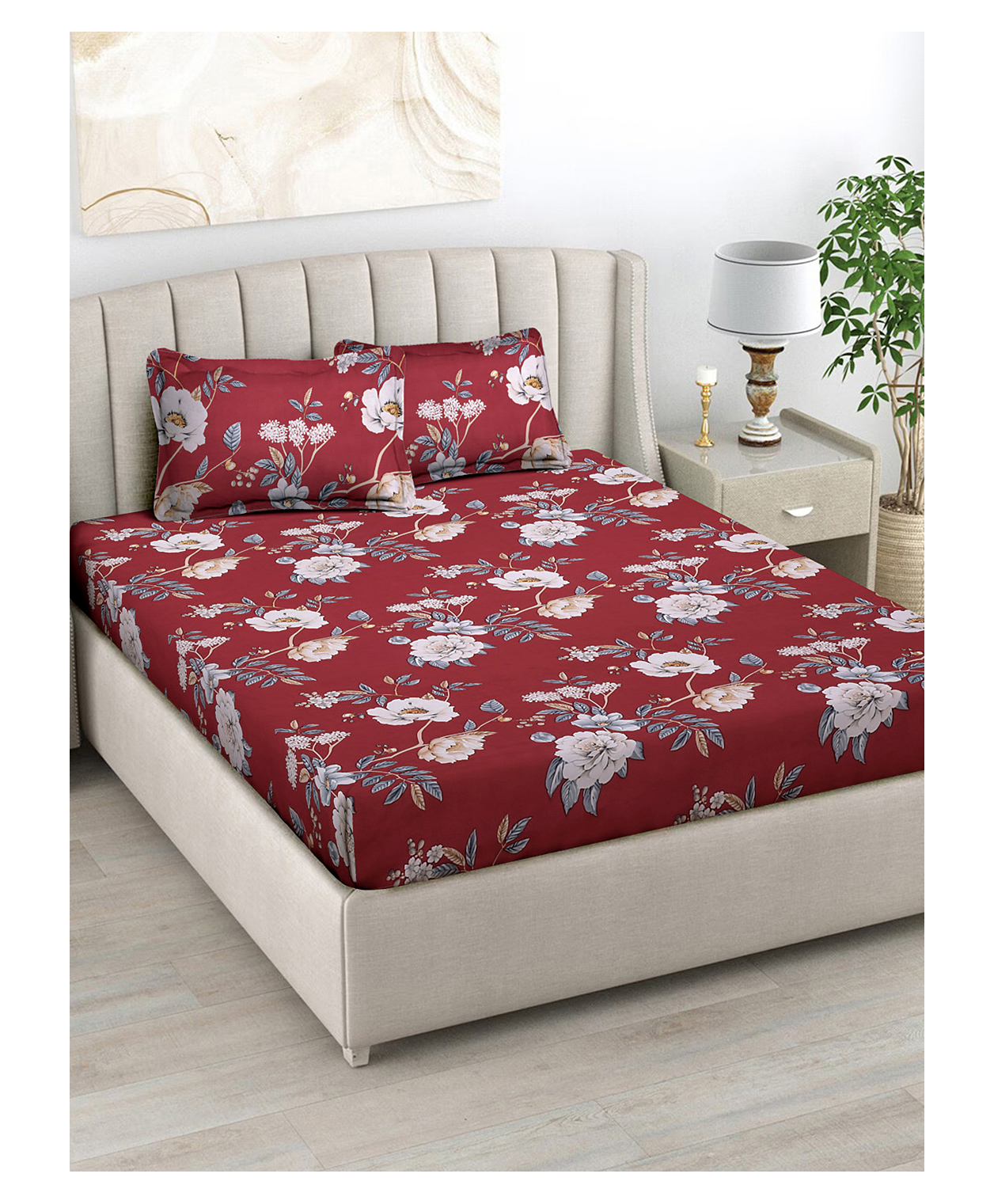 FABINALIV Maroon Floral 300 TC Cotton Blend King Size Double Bedsheet with 2 Pillow Covers