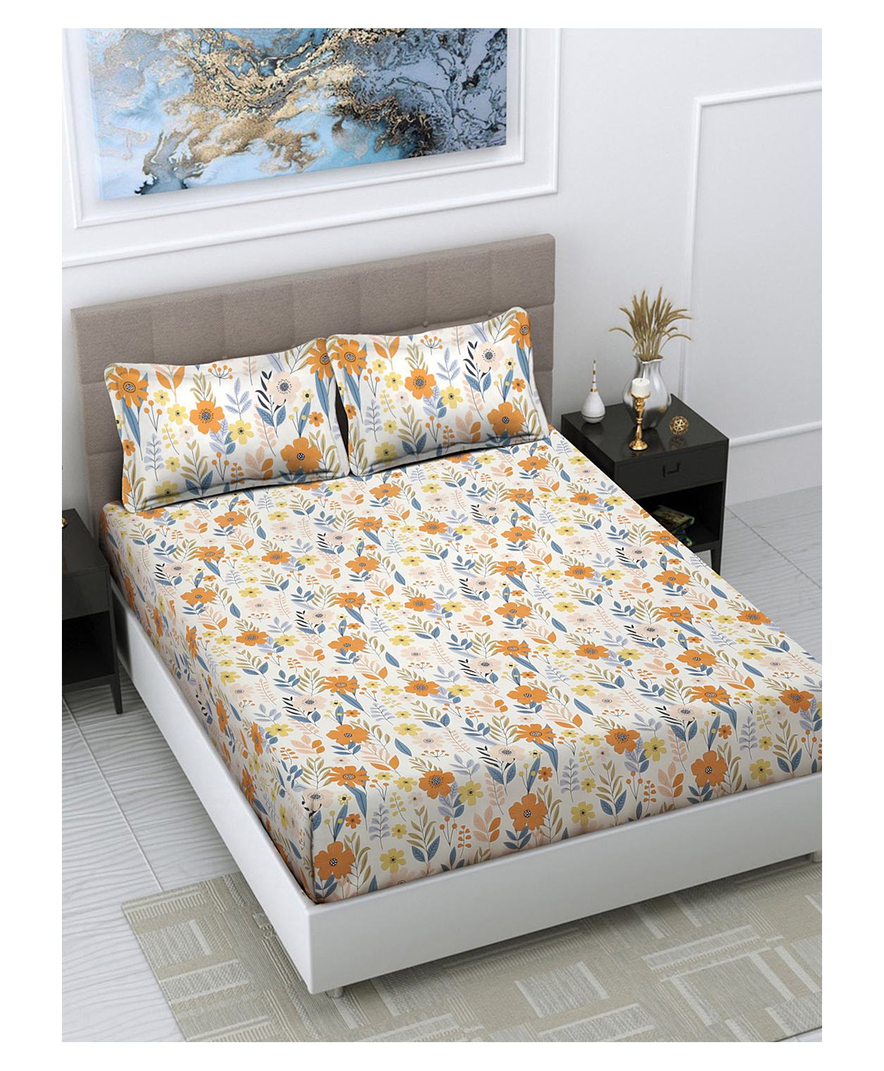FABINALIV Multicolor Floral 300 TC Cotton Blend Super King Size Double Bedsheet with 2 Pillow Covers-picture-14