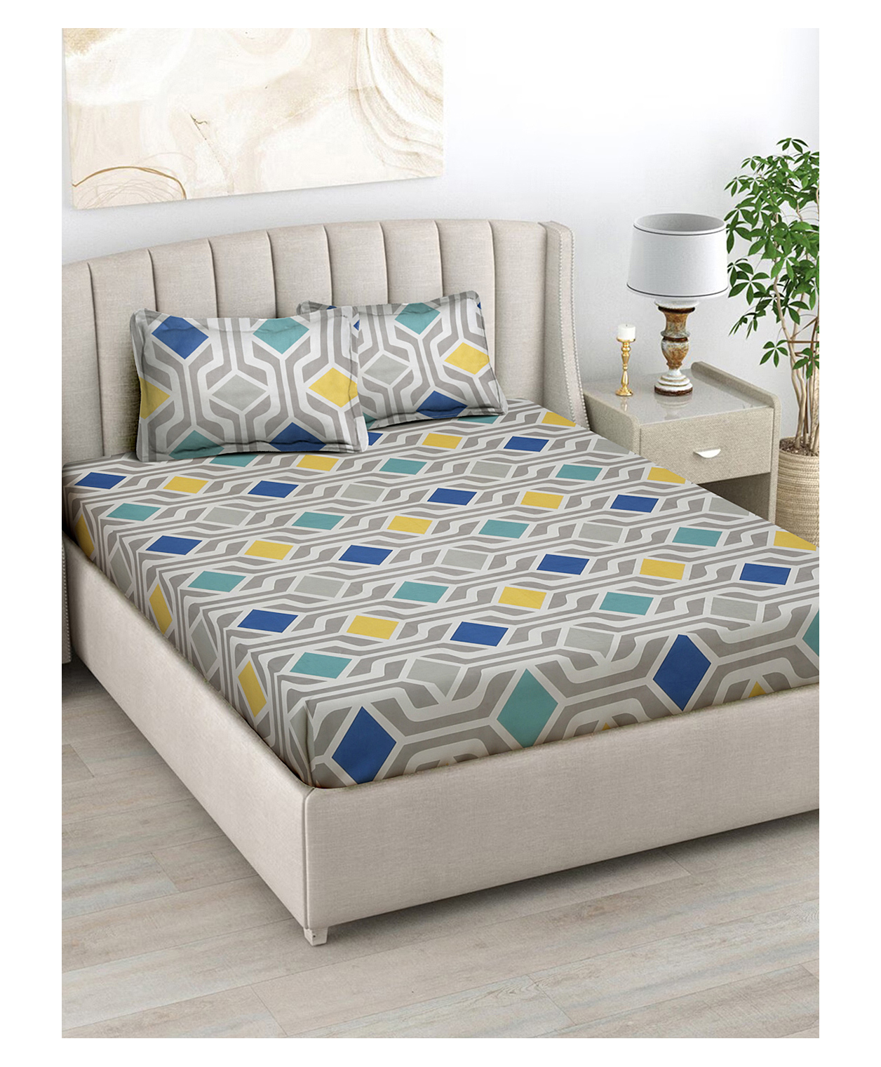 FABINALIV Multicolor Geometric 300 TC Cotton Blend King Size Double Bedsheet with 2 Pillow Covers-picture-12