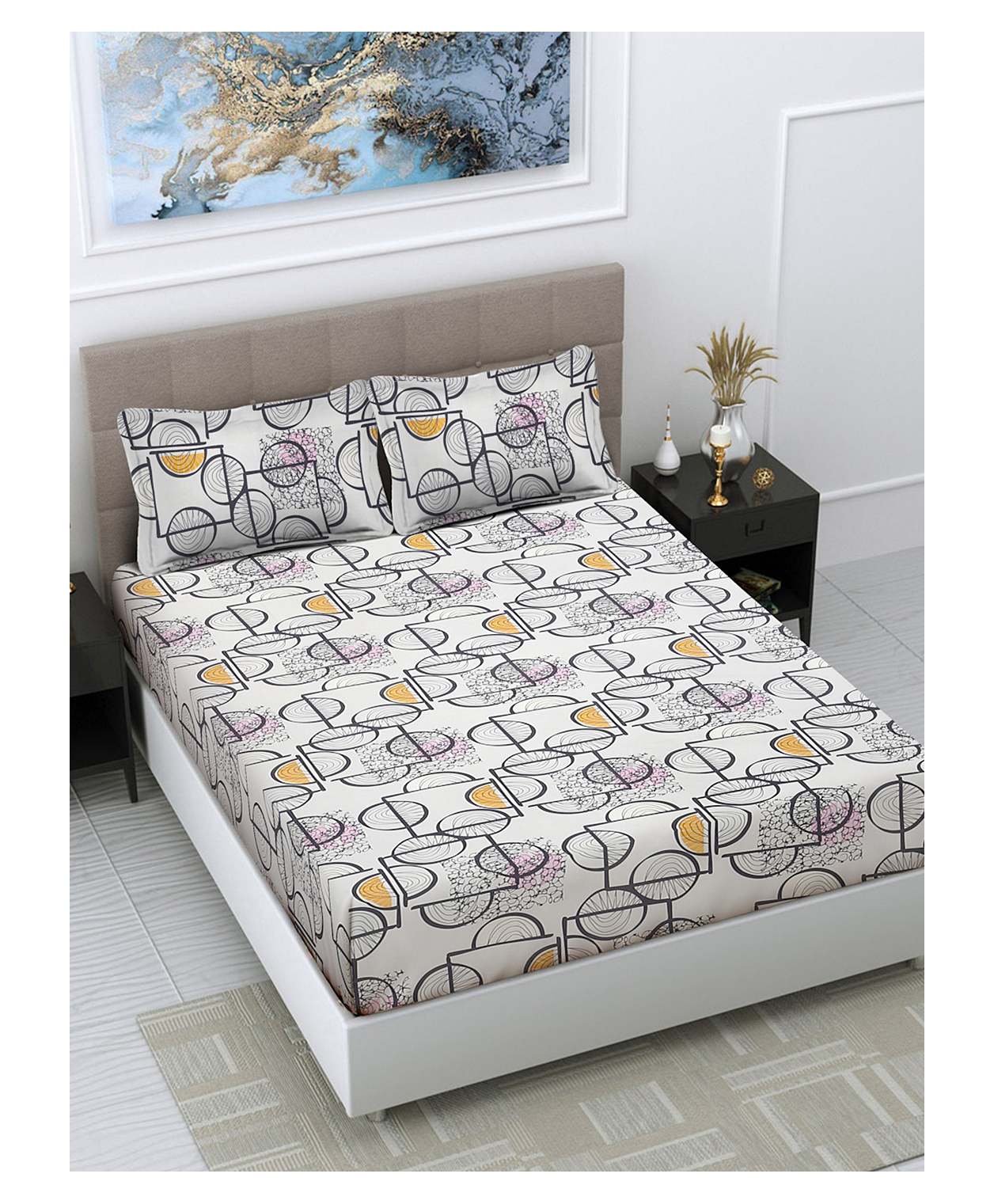 FABINALIV Multicolor Geometric 300 TC Cotton Blend King Size Double Bedsheet with 2 Pillow Covers-picture-14