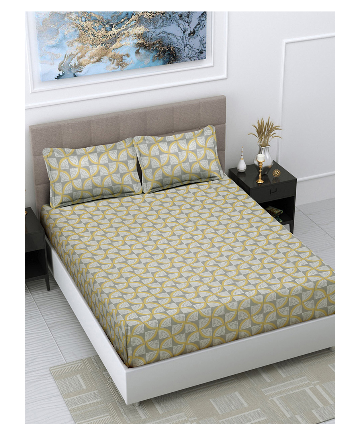 FABINALIV Multicolor Geometric 300 TC Cotton Blend King Size Double Bedsheet with 2 Pillow Covers-picture-15