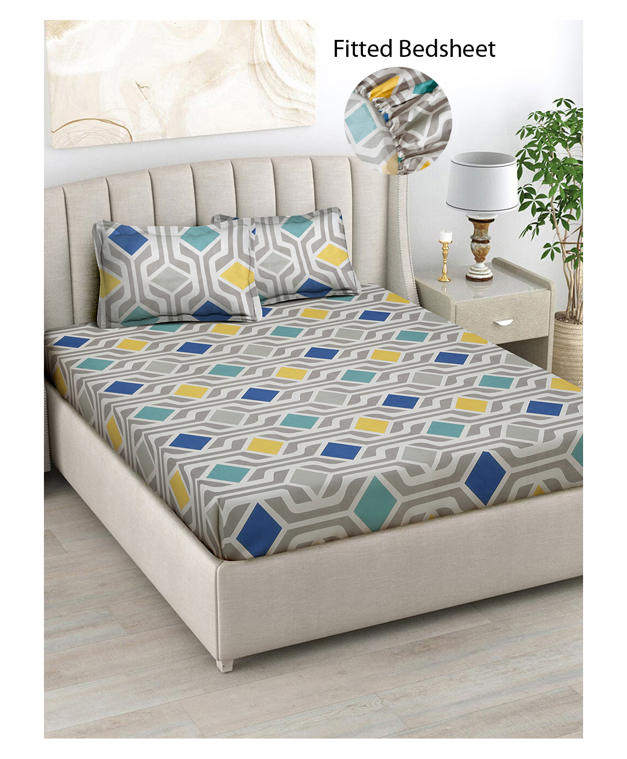 FABINALIV Multicolor Geometric 300 TC Cotton Blend King Size Fitted Double Bedsheet with 2 Pillow Covers-image-7