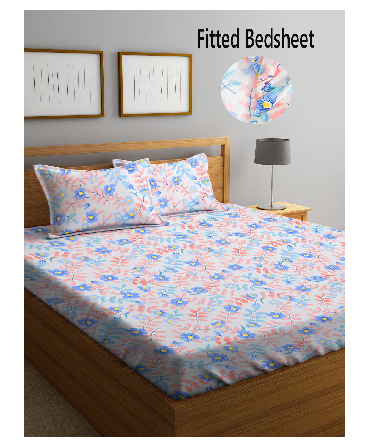 FABINALIV Multicolor Floral 300 TC Cotton Blend King Size Fitted Double Bedsheet with 2 Pillow Covers-picture-17