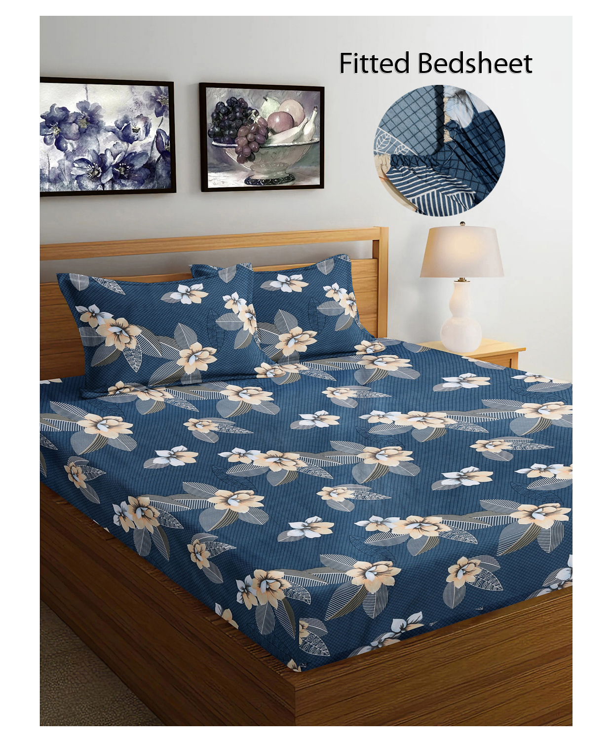 FABINALIV Blue Floral 300 TC Cotton Blend King Size Fitted Double Bedsheet with 2 Pillow Covers