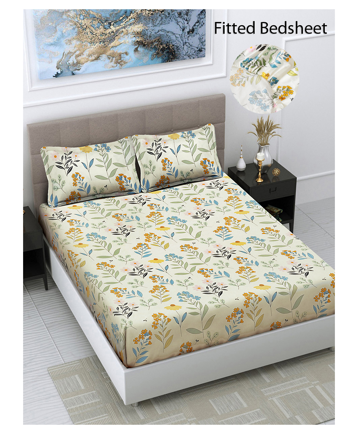 FABINALIV Multicolor Floral 300 TC Cotton Blend King Size Fitted Double Bedsheet with 2 Pillow Covers-picture-26