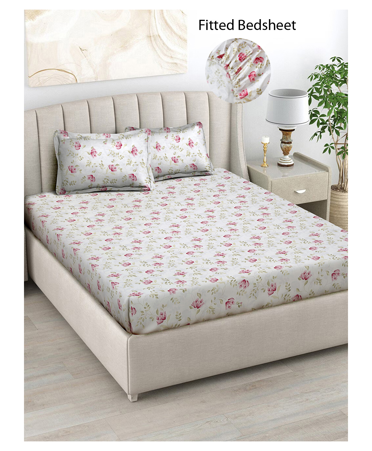 FABINALIV White Floral 300 TC Cotton Blend King Size Fitted Double Bedsheet with 2 Pillow Covers-picture-28